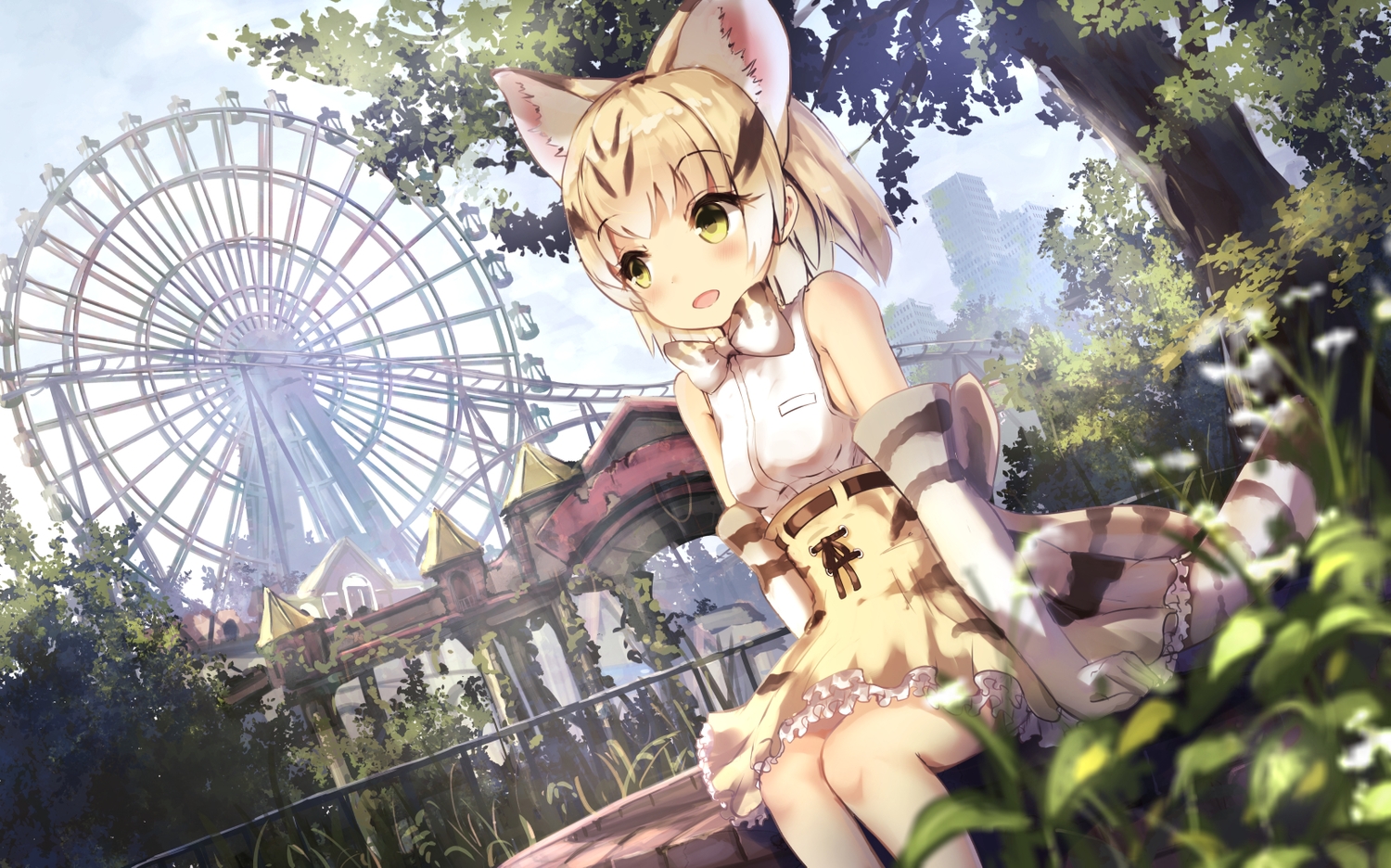 animal_ears, anthropomorphism, blonde_hair, blush, bow, catgirl, elbow_gloves, gloves