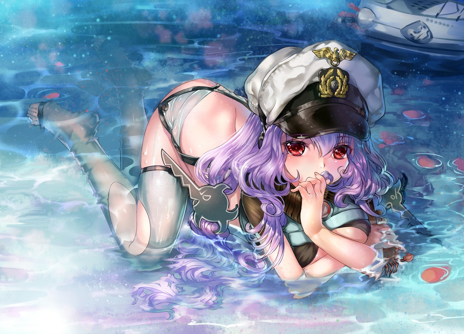 anthropomorphism, damien_(desire_zhang), hat, long_hair, petals, purple_hair, red_eyes, u-96_(zhanjian_shaonu), water, zhanjian_shaonu