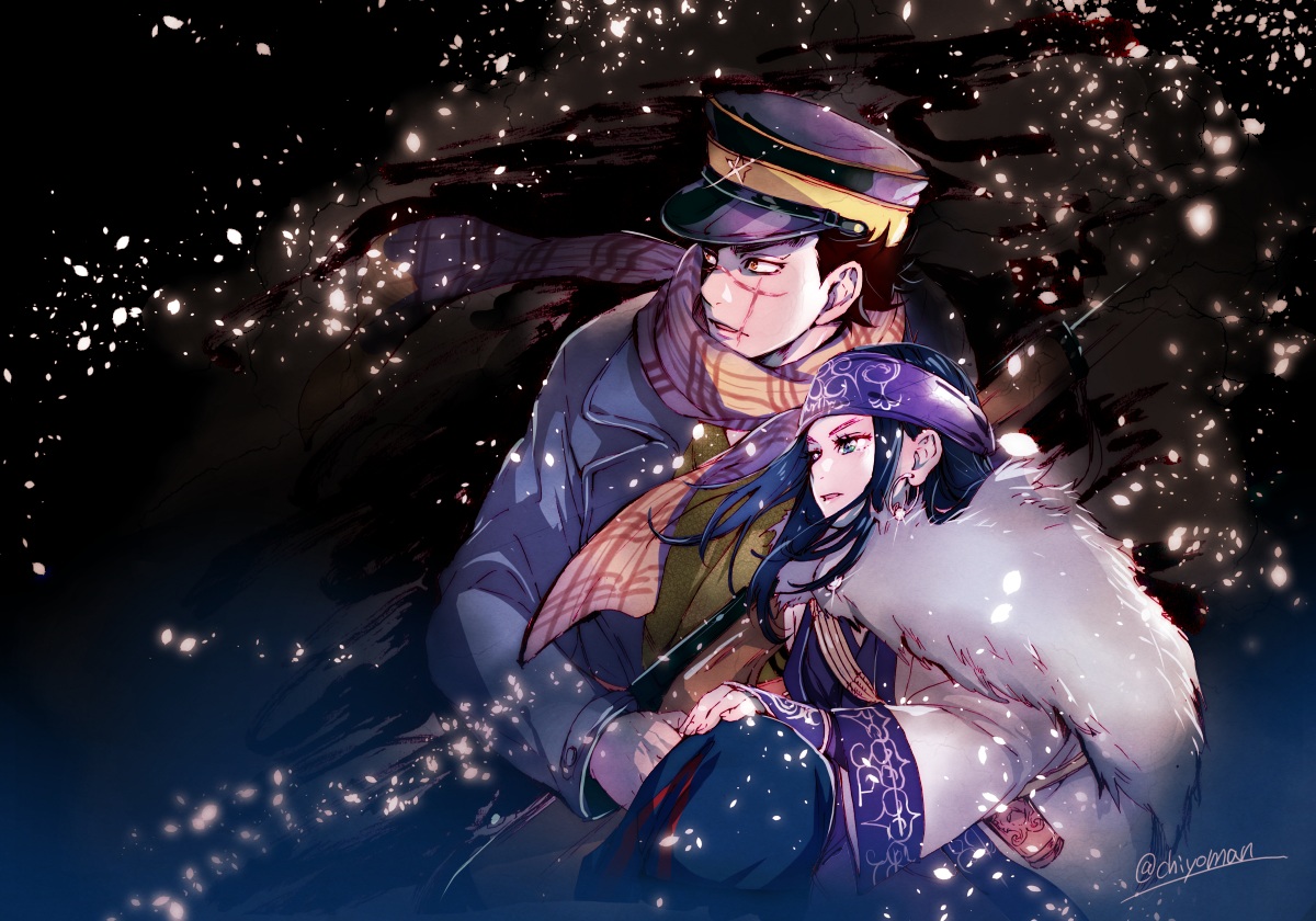 asirpa, bicolored_eyes, blue_hair, brown_hair, chiyo_(rotsurechiriha), golden_kamuy, gun, hat, long_hair, male, orange_eyes, petals, scar, scarf, short_hair, signed, sugimoto_saichi, weapon