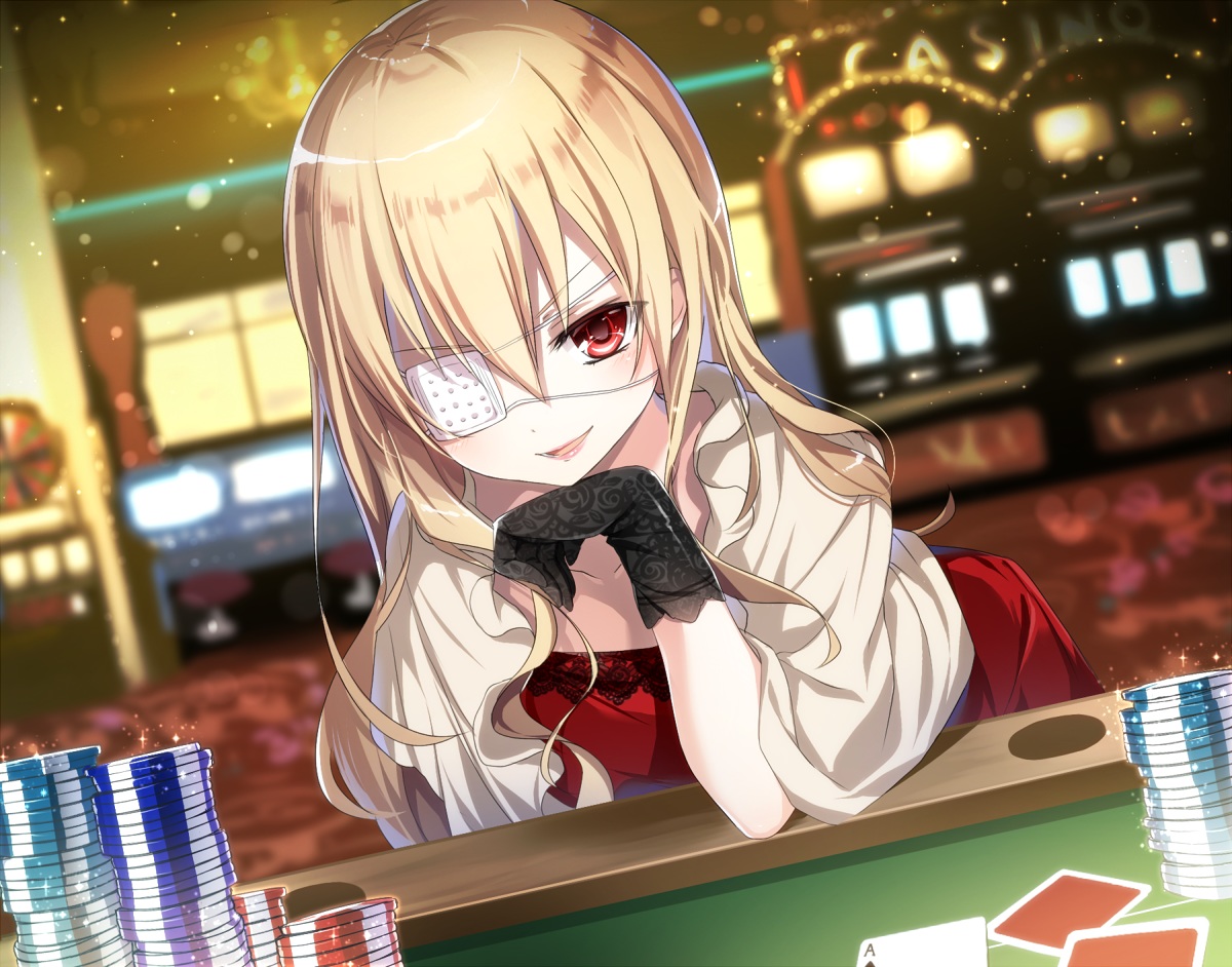 blonde_hair, dress, emia_(castilla), eyepatch, gloves, higyaku_no_noel, long_hair, red_eyes