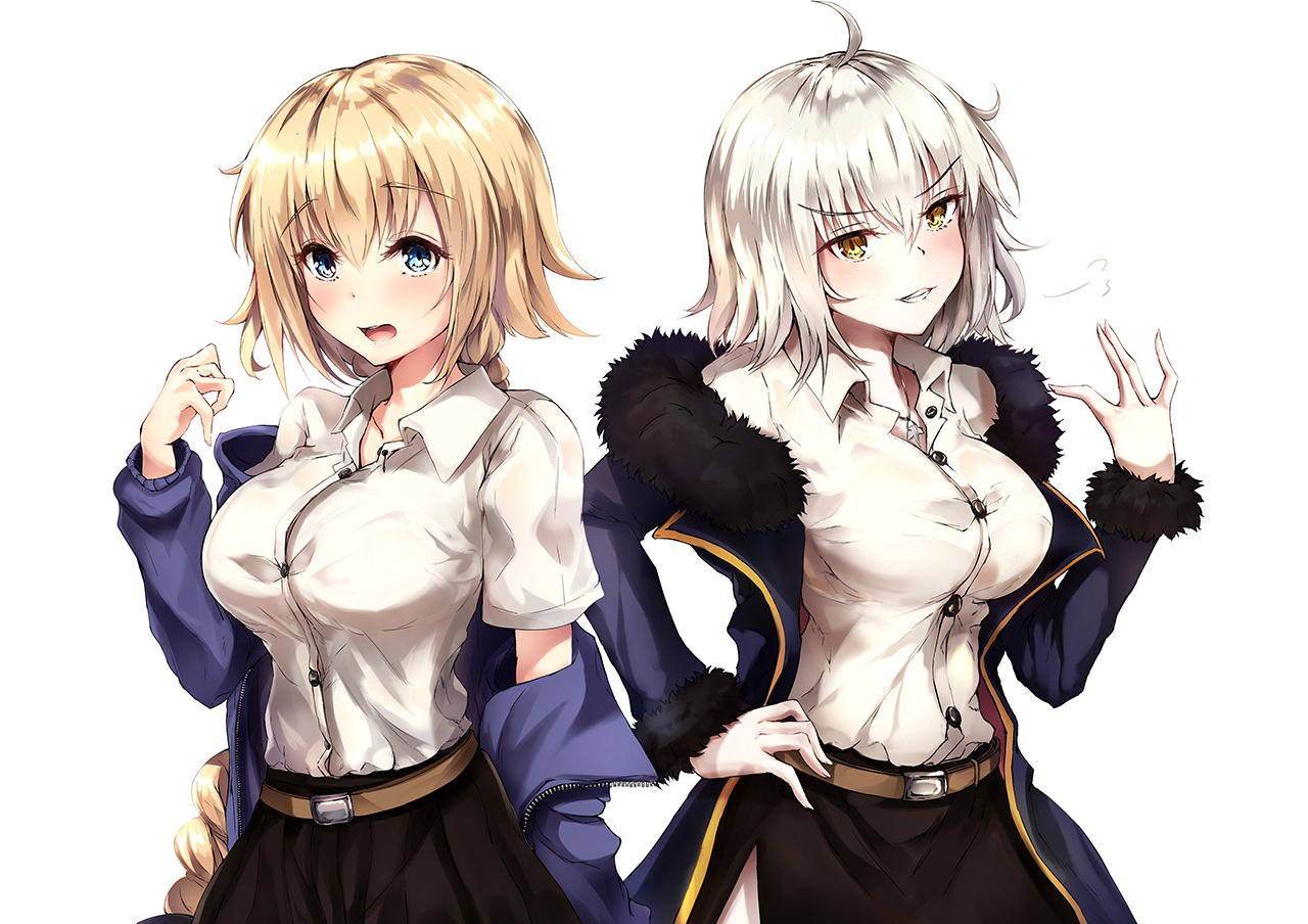 aqua_eyes, blonde_hair, braids, breasts, fate/apocrypha, fate/grand_order, fate_(series), jeanne_d'arc_alter, jeanne_d'arc_(fate), long_hair, nakatokung, ponytail, short_hair, skirt, yellow_eyes