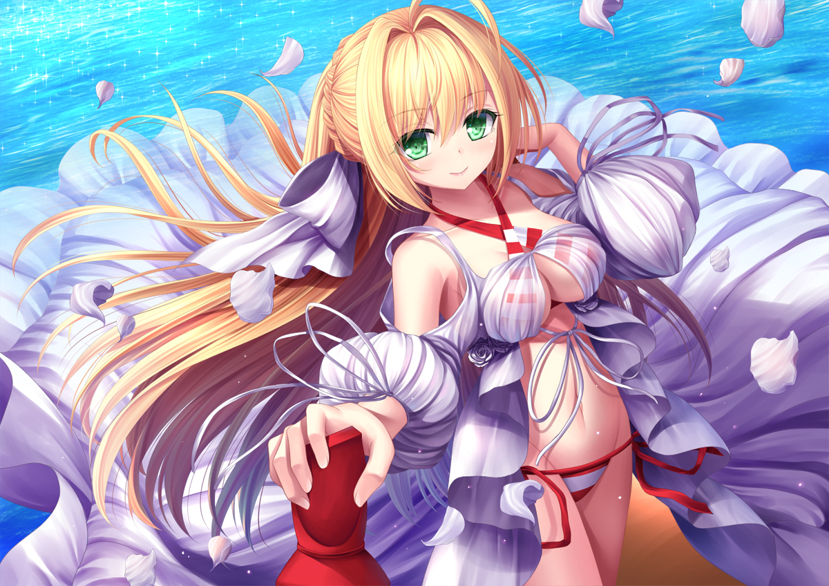 bikini, blonde_hair, breasts, fate/grand_order, fate_(series), green_eyes, long_hair, navel