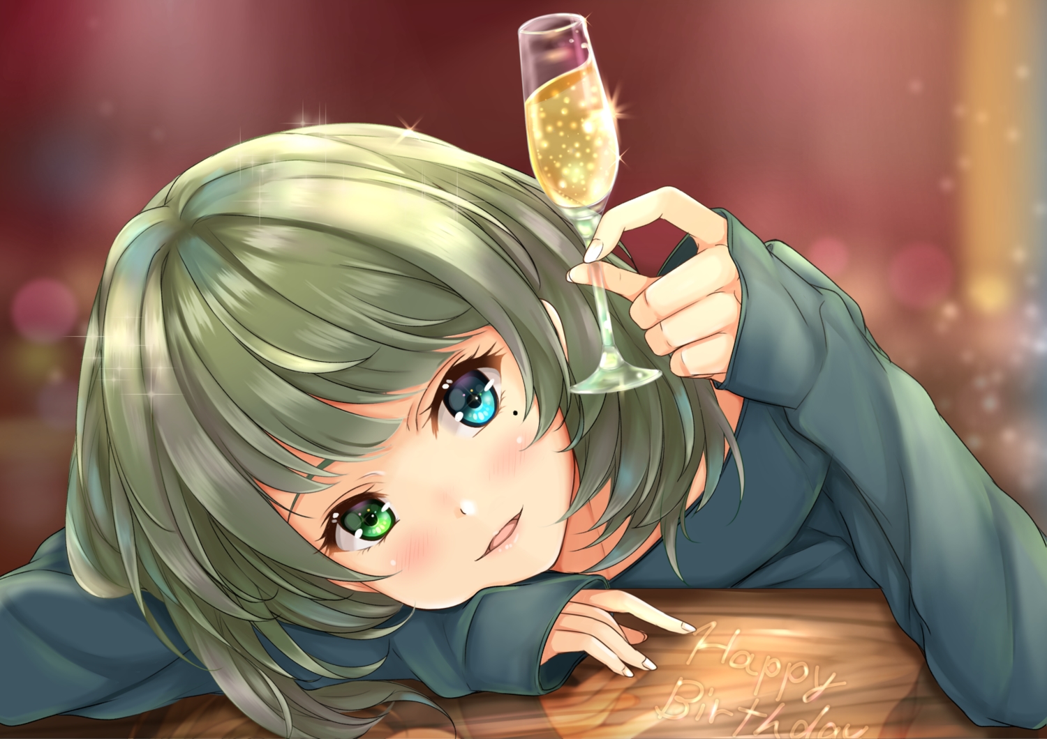bicolored_eyes, blush, drink, green_hair, idolmaster, idolmaster_cinderella_girls, short_hair, takagaki_kaede