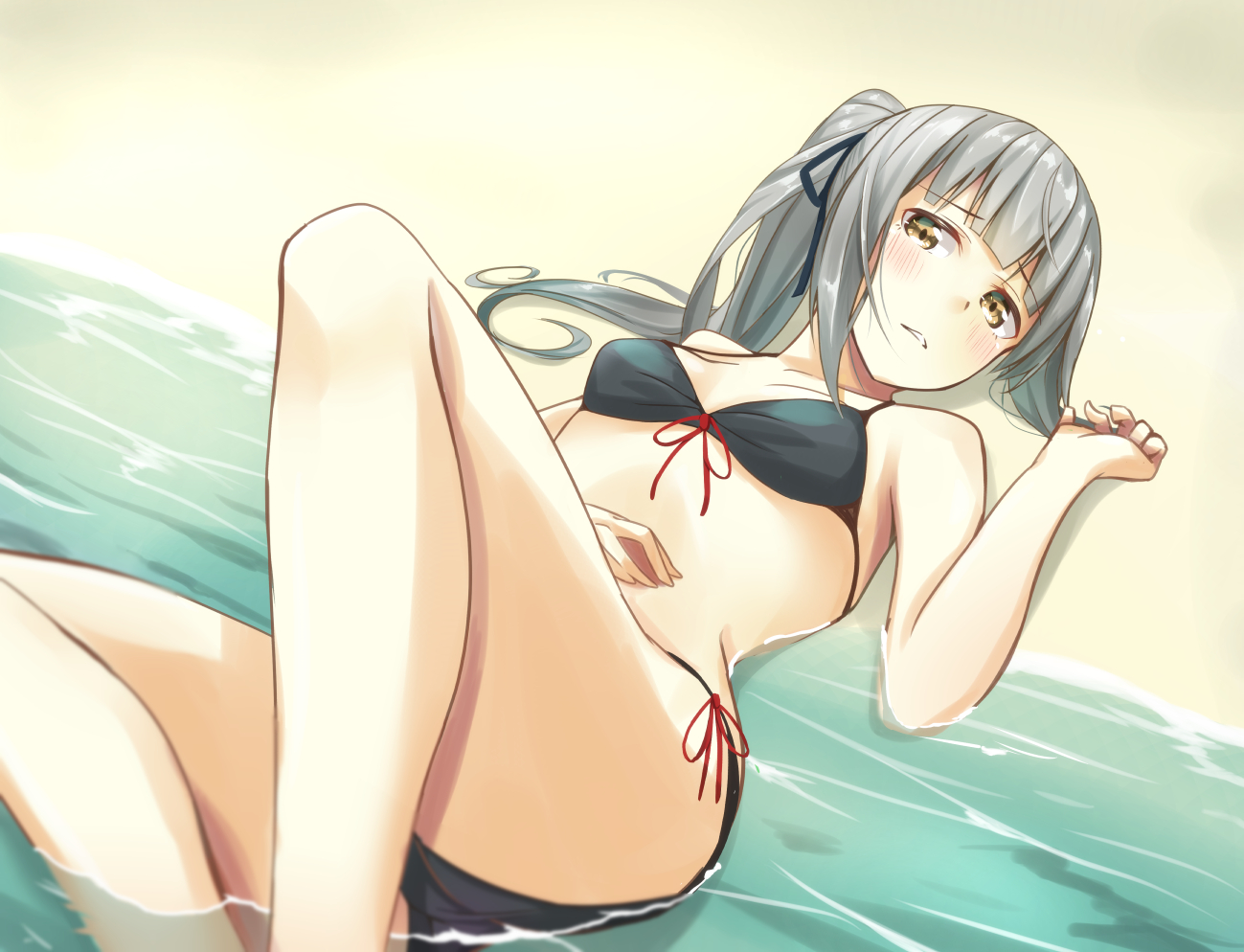 anthropomorphism, beach, bikini, breasts, gray_hair, kantai_collection, kasumi_(kancolle), negahami, ponytail, swimsuit, water, yellow_eyes