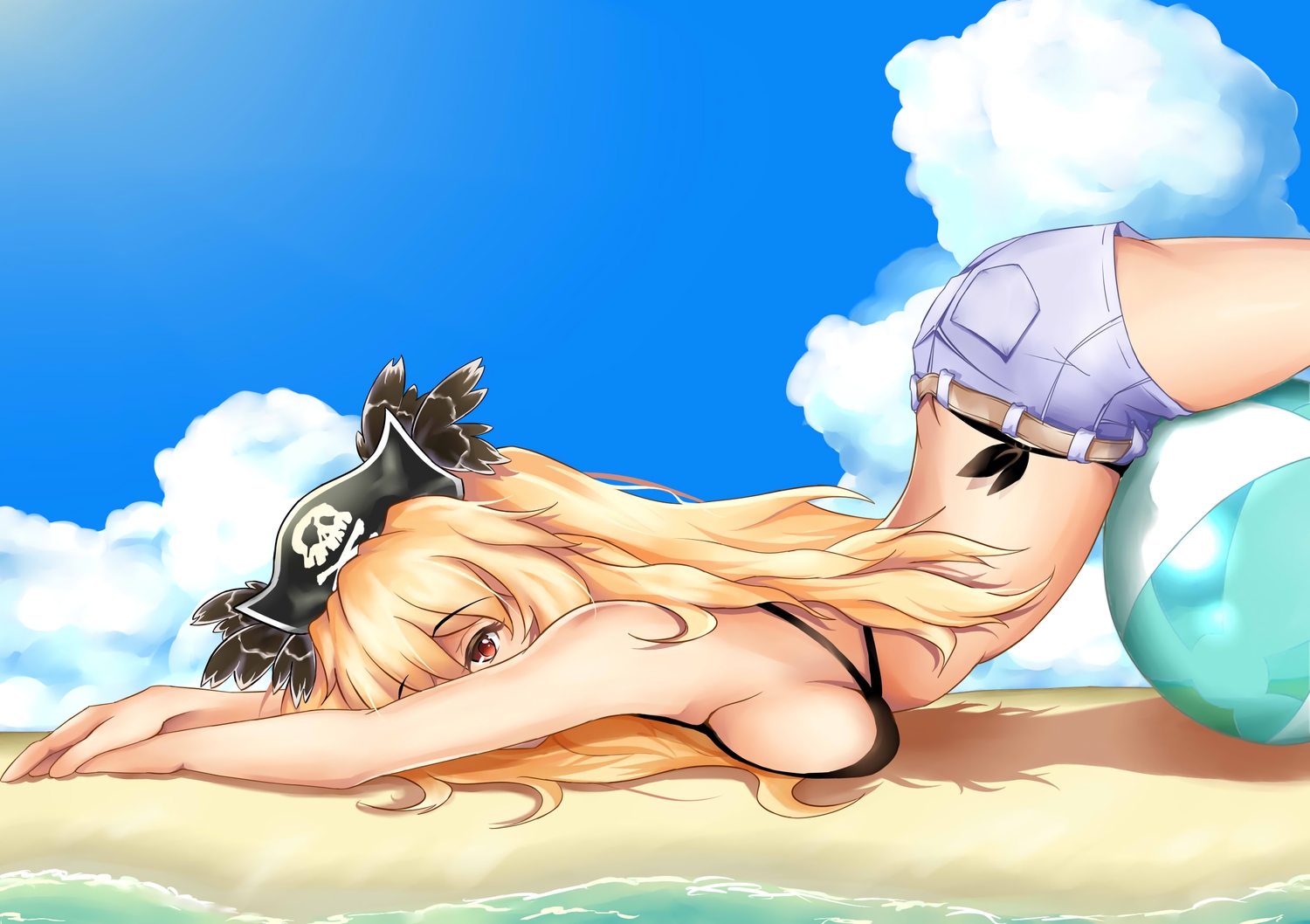 anne_bonny, ball, beach, bikini, blonde_hair, breasts, fate/grand_order, fate_(series), red_eyes, shorts, swimsuit, tagme_(artist), water