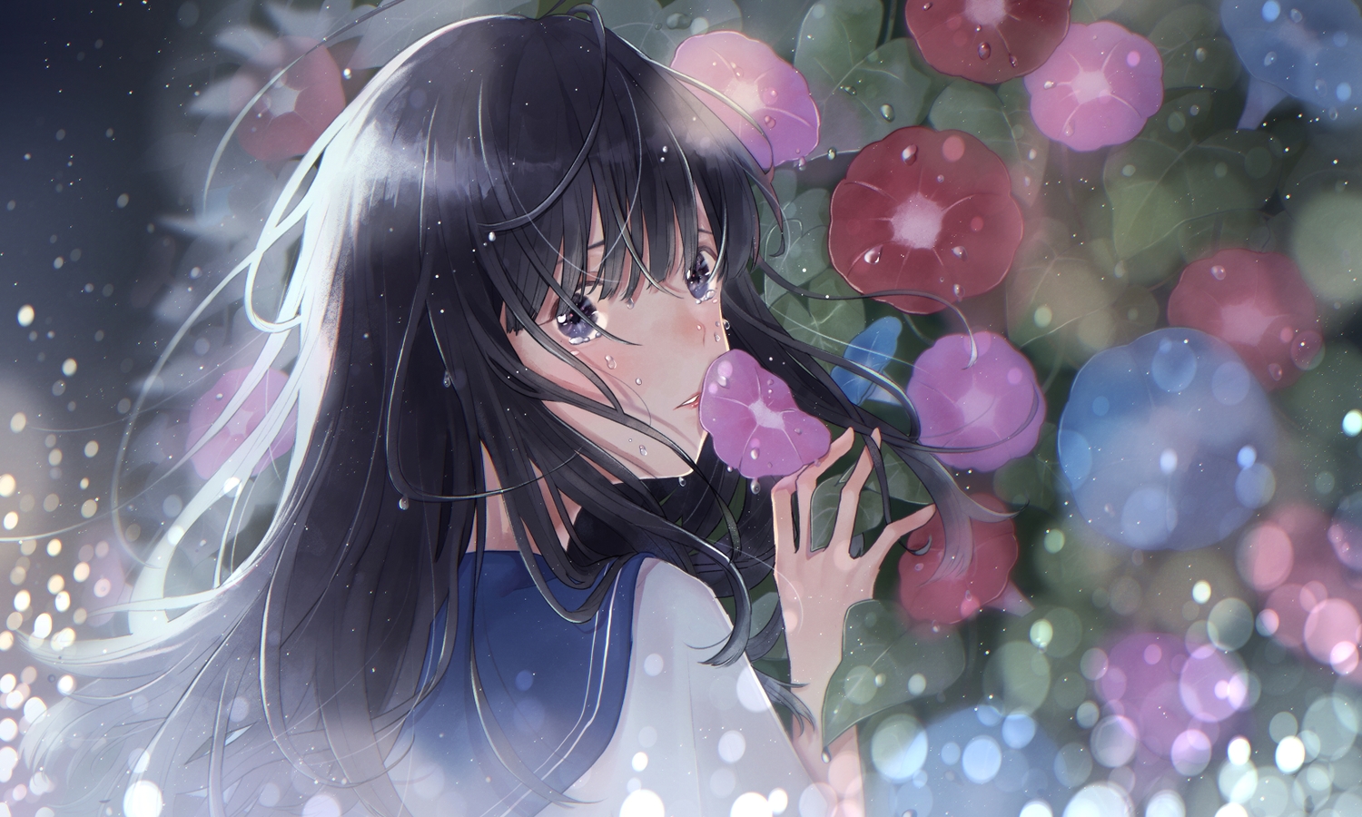 black_eyes, black_hair, flowers, long_hair, necojishi, original, rain, school_uniform
