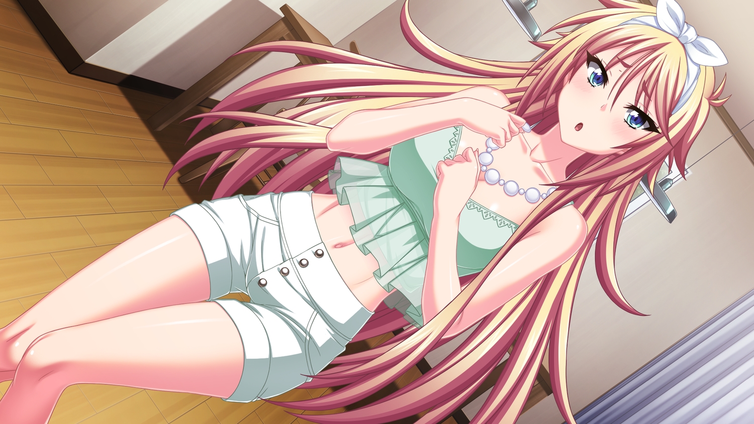 blonde_hair, blue_eyes, breasts, cleavage, game_cg, headband, long_hair, mikoshi_matsuri