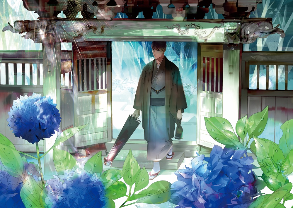 aliasing, all_male, brown_hair, flowers, male, original, purple_eyes, saiga_tokihito