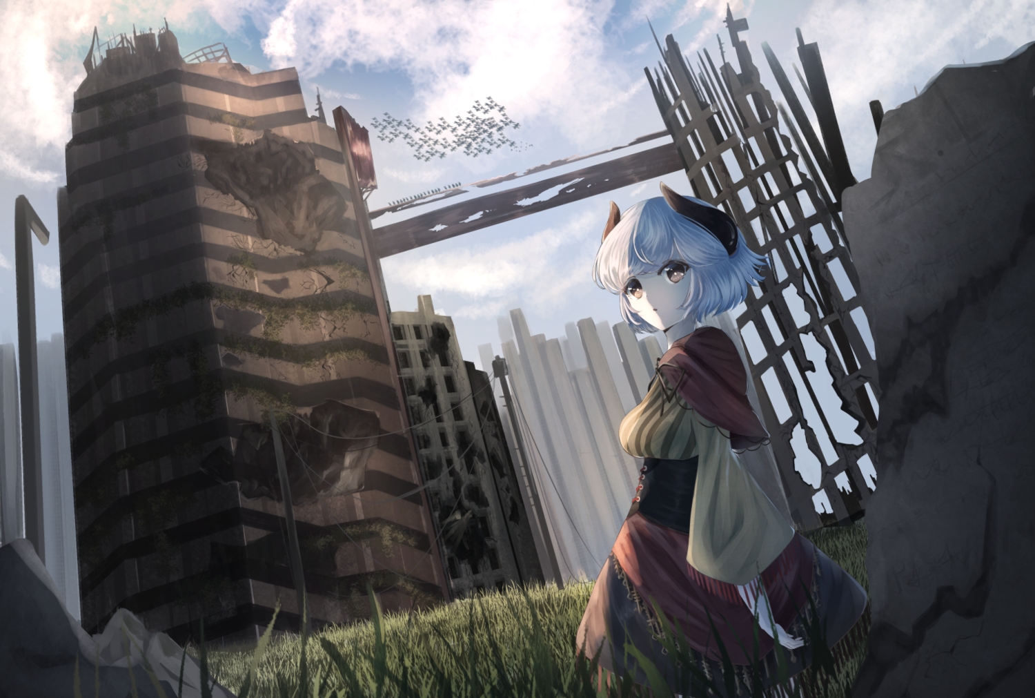 animal, bird, brown_eyes, building, cacao_devil, clouds, grass, horns
