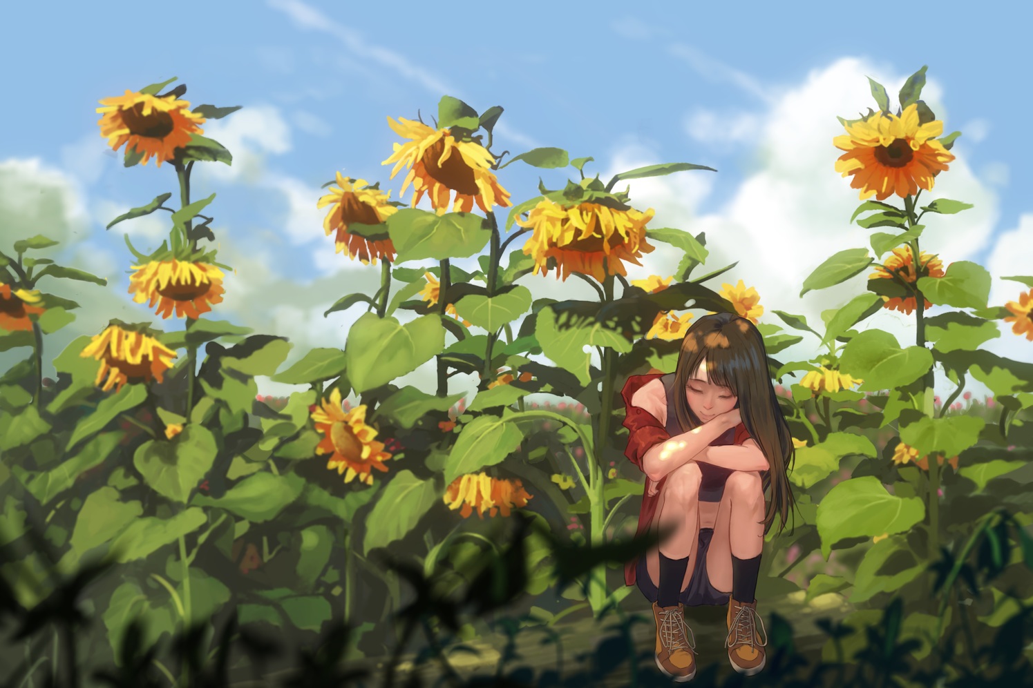 brown_hair, clouds, flowers, kneehighs, long_hair, original, shorts, shoufu, sky, sunflower