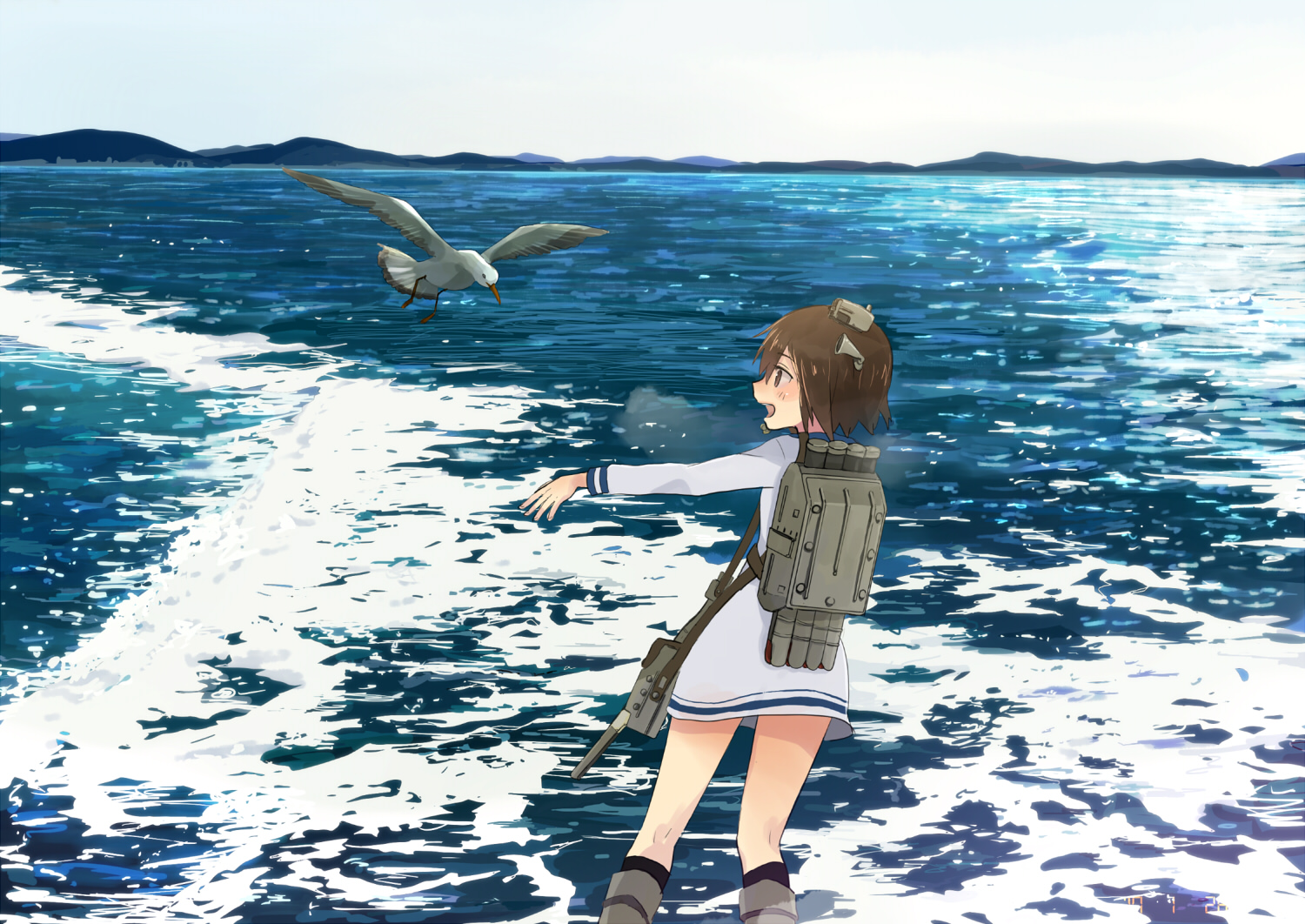 animal, annin_musou, anthropomorphism, bird, blush, brown_eyes, brown_hair, dress