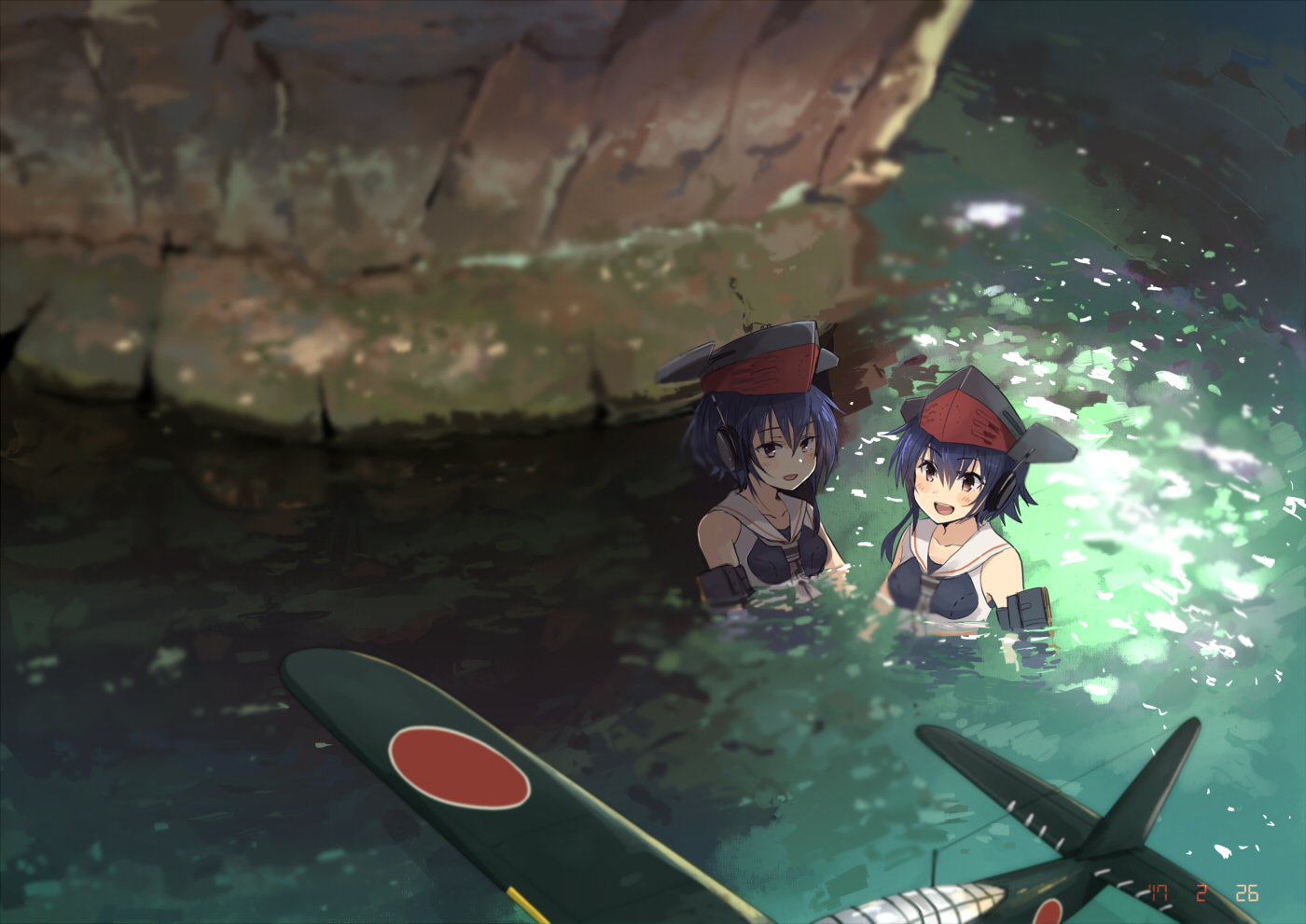 2girls, aircraft, annin_musou, anthropomorphism, blue_hair, blush, hat, headphones, i-13_(kancolle), i-14_(kancolle), kantai_collection, short_hair, twins, water