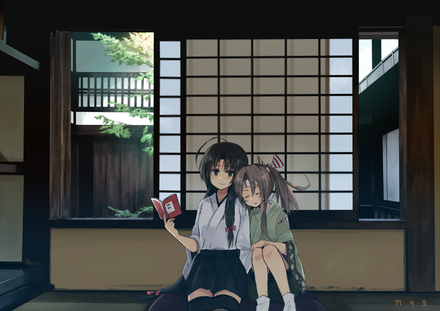 2girls, annin_musou, anthropomorphism, black_eyes, black_hair, blush, book, brown_hair, headband, japanese_clothes, kantai_collection, long_hair, shouhou_(kancolle), sleeping, socks, thighhighs, zuikaku_(kancolle)