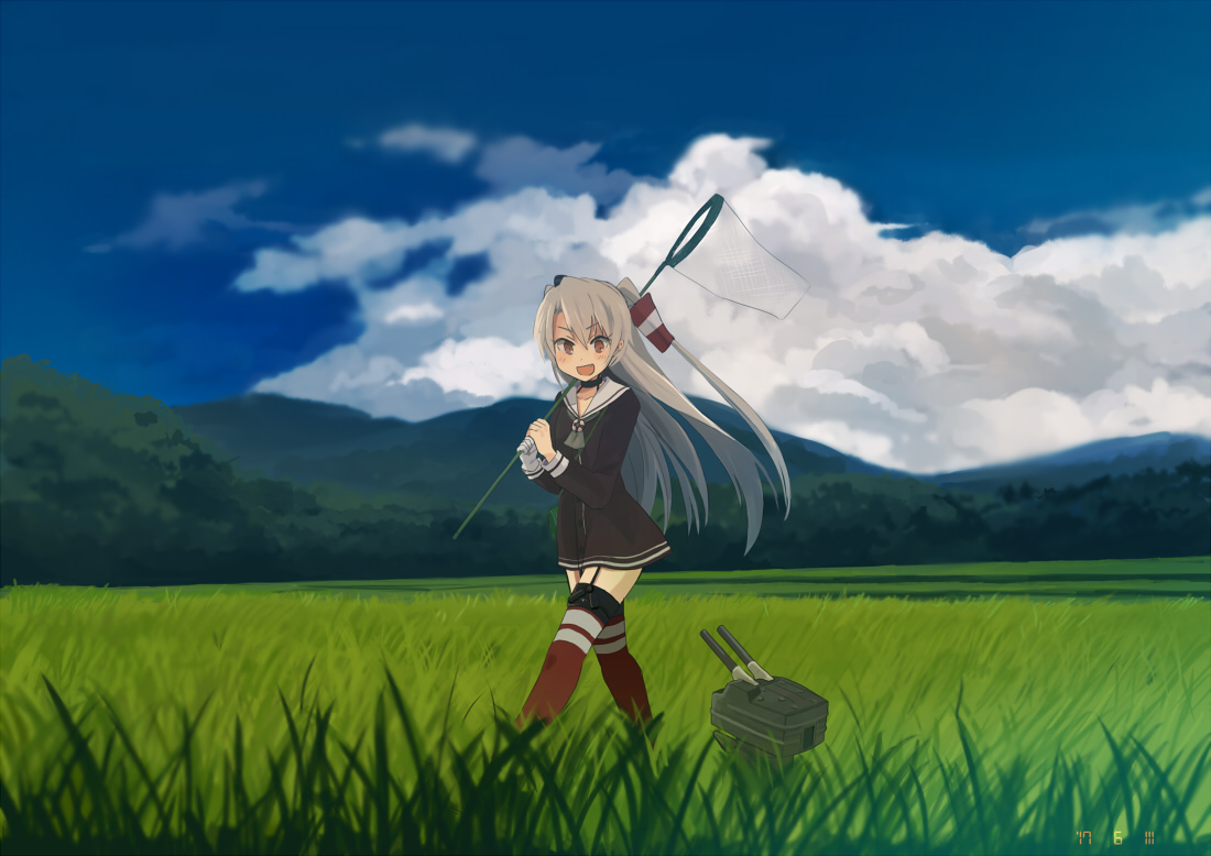 amatsukaze_(kancolle), annin_musou, anthropomorphism, brown_eyes, clouds, dress, garter_belt, gloves, grass, gray_hair, jpeg_artifacts, kantai_collection, long_hair, scenic, school_uniform, sky, thighhighs