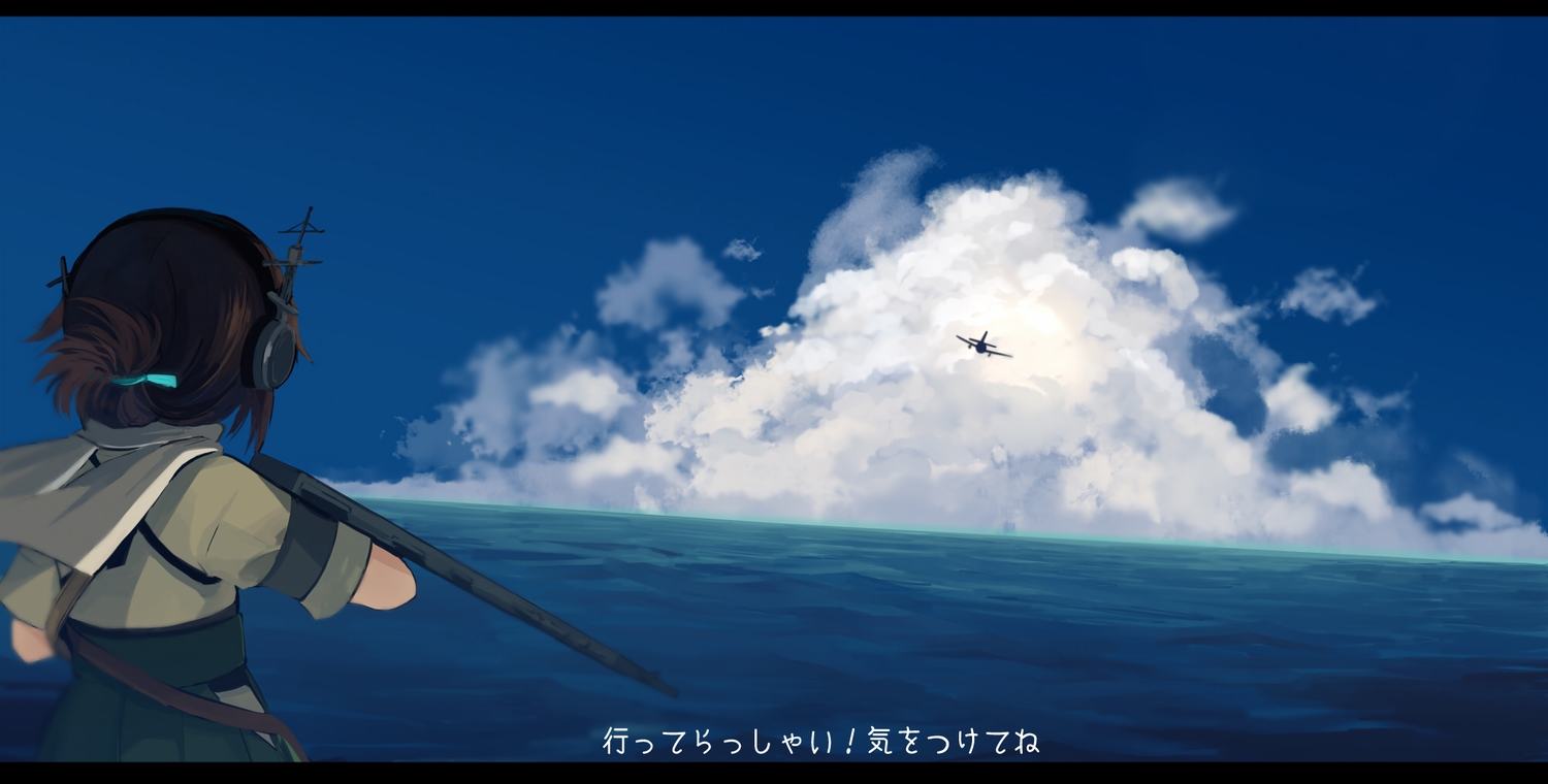 aircraft, annin_musou, anthropomorphism, brown_hair, clouds, japanese_clothes, kantai_collection, kasuga_maru_(kancolle)