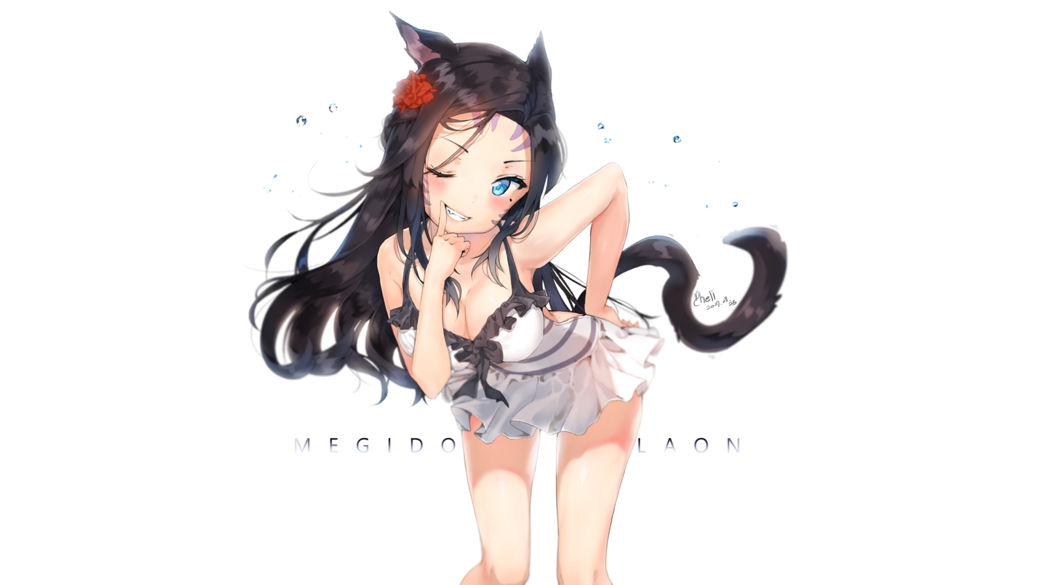 animal_ears, aqua_eyes, black_hair, blush, breasts, catgirl, cheli_(kso1564), cleavage, final_fantasy, final_fantasy_xiv, long_hair, miqo'te, signed, swimsuit, tail, white, wink