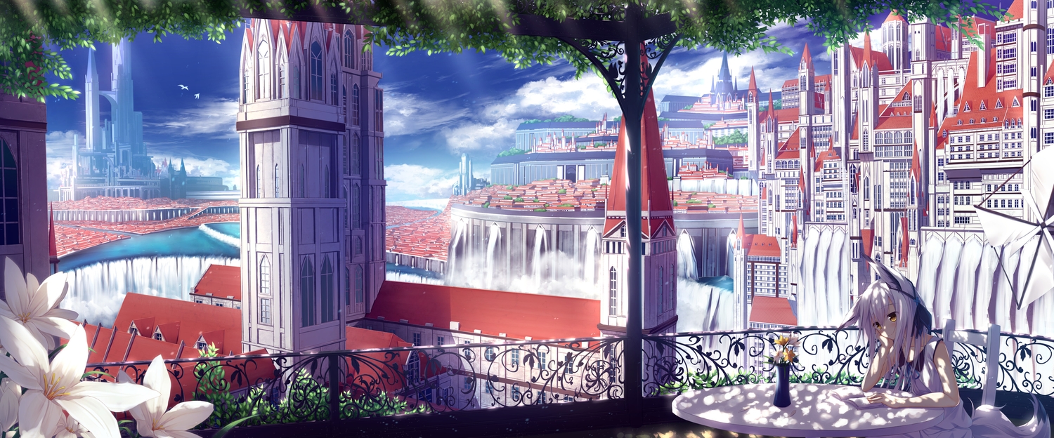 animal_ears, book, building, city, clouds, dualscreen, flowers, foxgirl