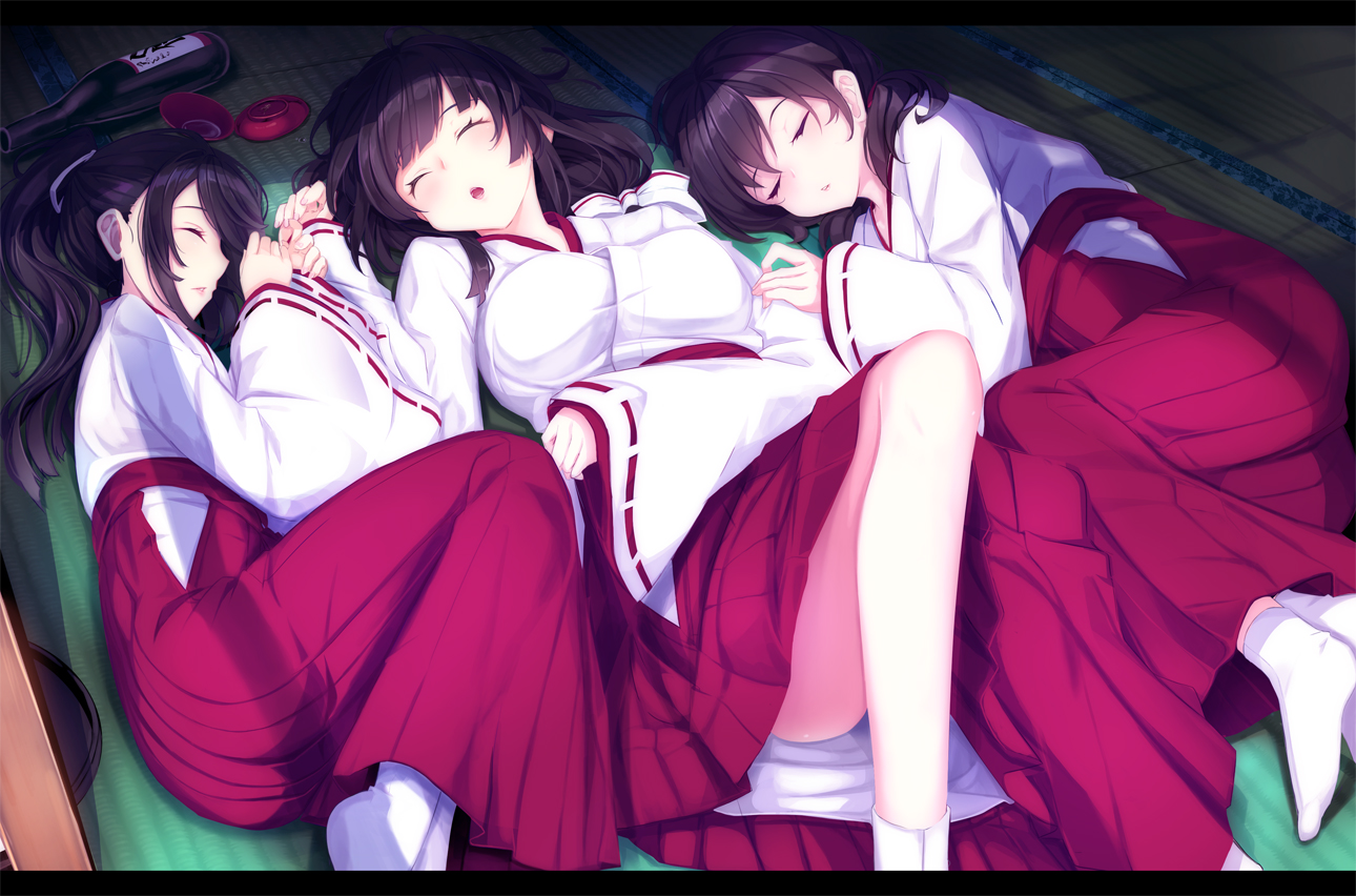 black_hair, breasts, drink, haruka_natsuki, japanese_clothes, long_hair, miko, original