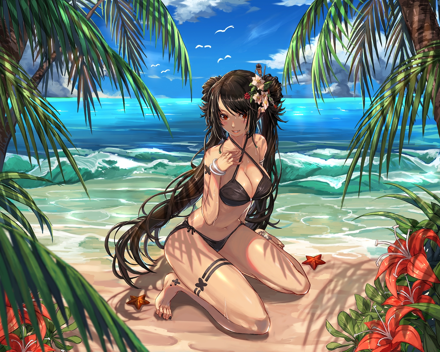barefoot, bikini, breasts, cleavage, dungeon_and_fighter, long_hair, qbspdl, red_eyes, swimsuit, tattoo, twintails