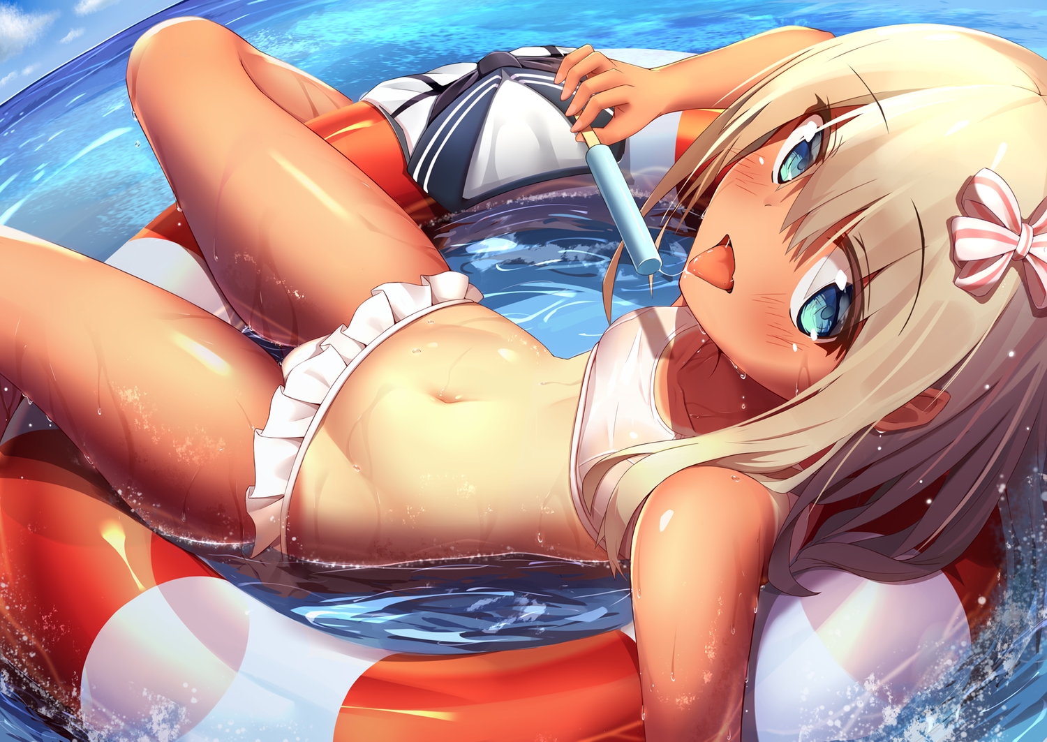 anthropomorphism, aqua_eyes, bikini, blonde_hair, blush, higejii, kantai_collection, loli, long_hair, popsicle, ro-500_(kancolle), swim_ring, swimsuit, water, wet