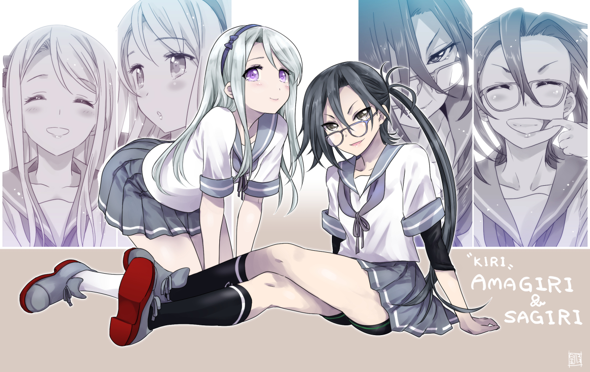 2girls, amagiri_(kancolle), anthropomorphism, black_hair, blush, bow, brown_eyes, glasses