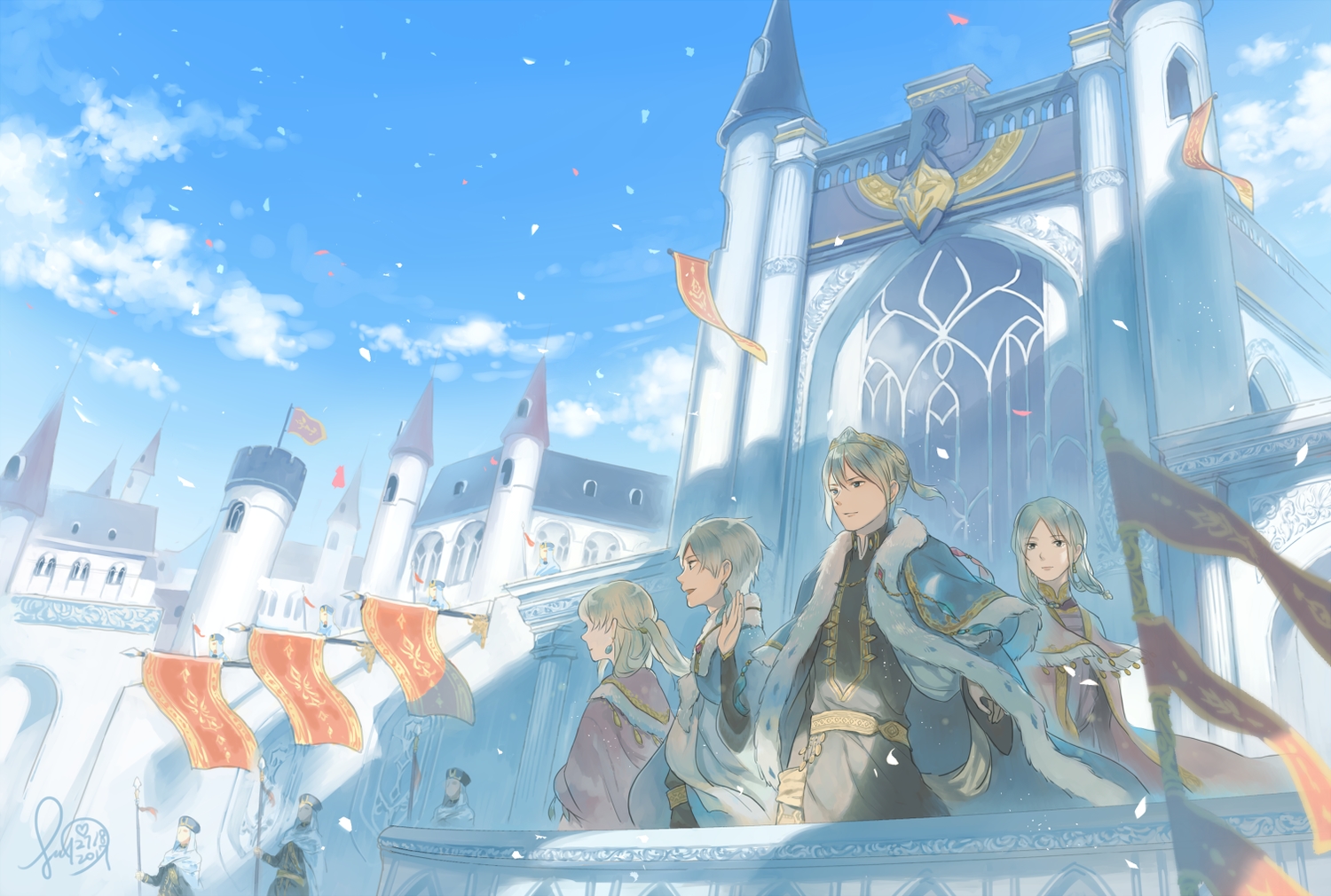 akagami_no_shirayukihime, cape, clouds, group, male, signed, sky, sua_lucid, tagme_(character), tiara, zen_wistalia