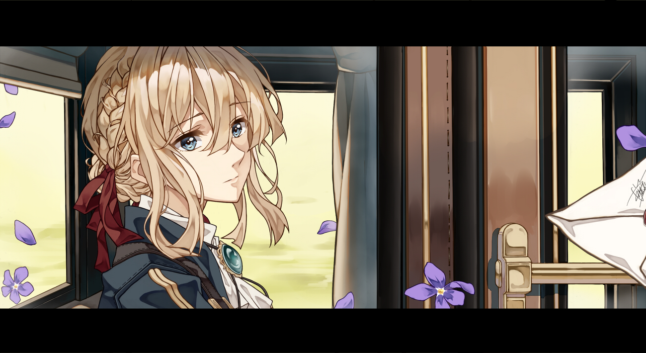 blonde_hair, blue_eyes, braids, cheese_kang, flowers, petals, short_hair, signed