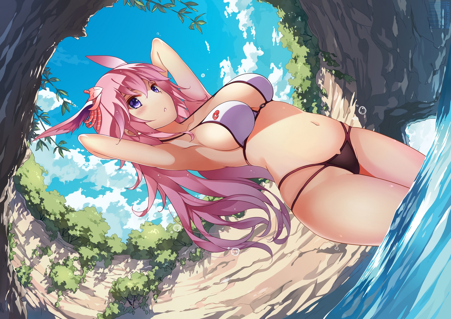 animal_ears, bikini, blush, breasts, bunny_ears, bunnygirl, clouds, honkai_impact, honkai_(series), kanzaki_nice, long_hair, navel, pink_hair, purple_eyes, sky, swimsuit, water, yae_sakura_(benghuai_xueyuan)