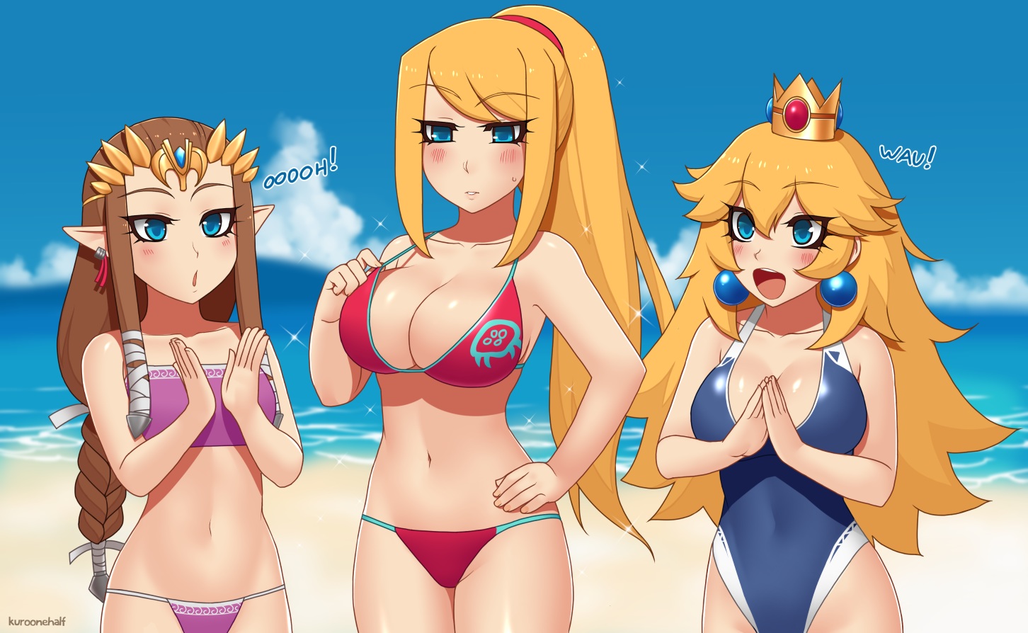 aqua_eyes, blonde_hair, breasts, brown_hair, cleavage, kuroonehalf, long_hair, metroid