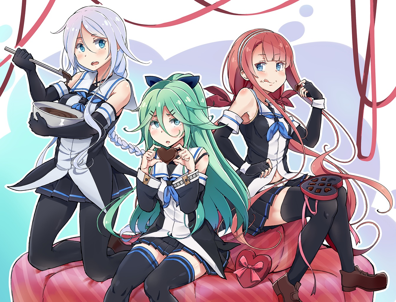 anthropomorphism, aqua_eyes, blush, braids, candy, chocolate, elbow_gloves, gloves