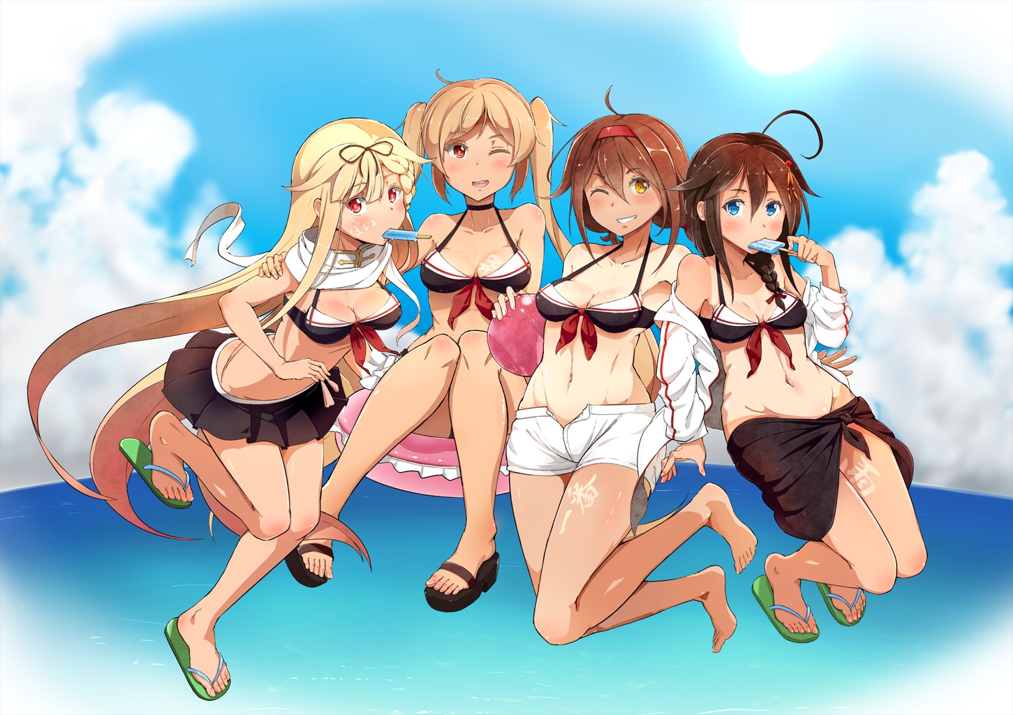 anthropomorphism, aqua_eyes, barefoot, bikini, blonde_hair, braids, breasts, brown_hair