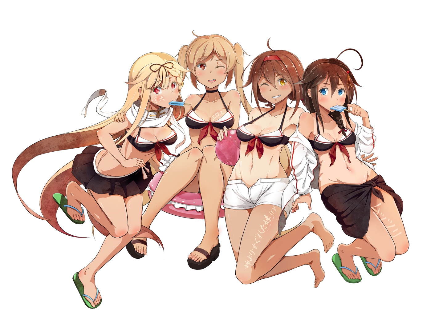 anthropomorphism, aqua_eyes, barefoot, bikini, blonde_hair, braids, breasts, brown_hair