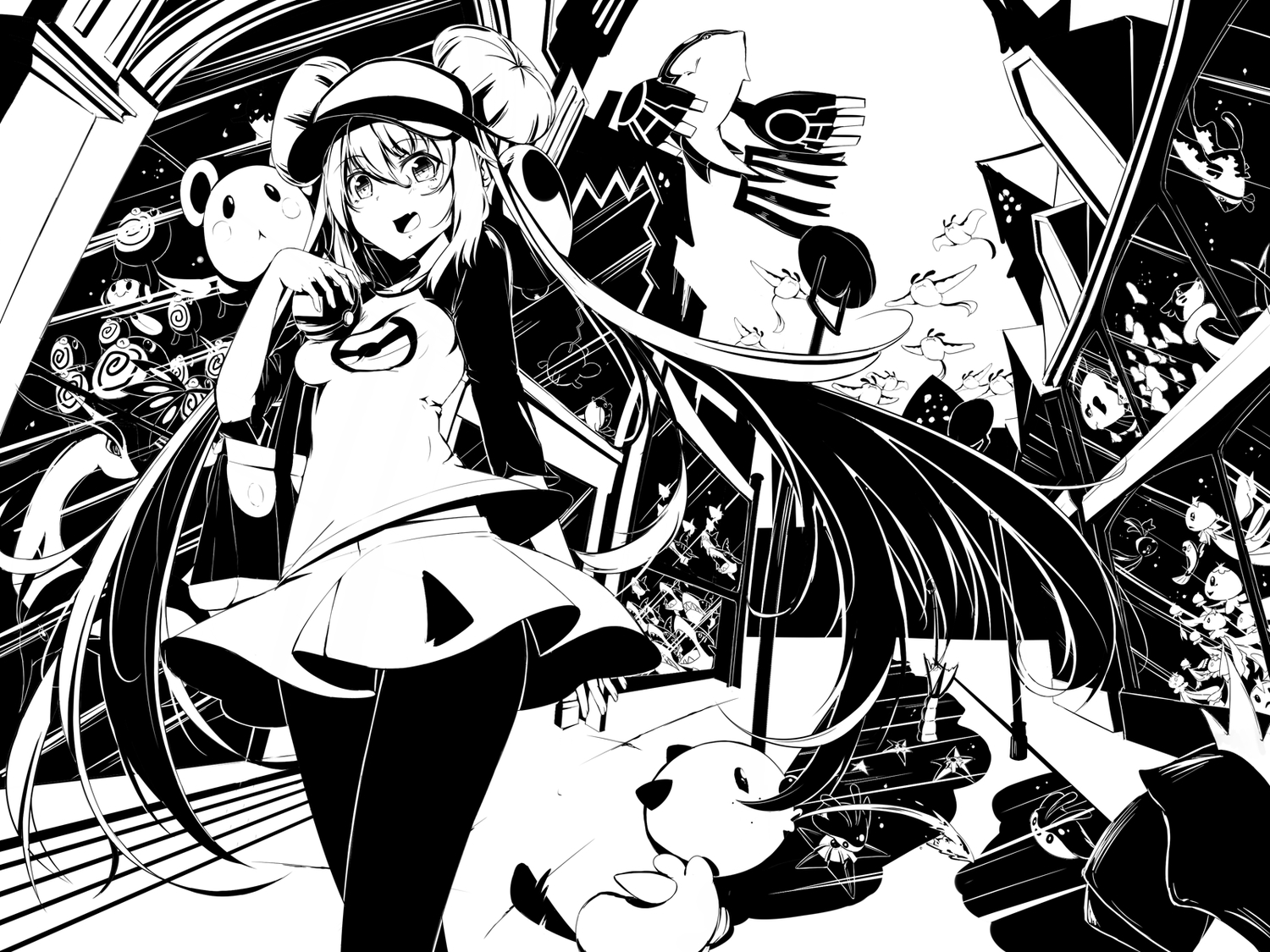hat, kyogre, liking, long_hair, mei_(pokemon), monochrome, oshawott, pantyhose