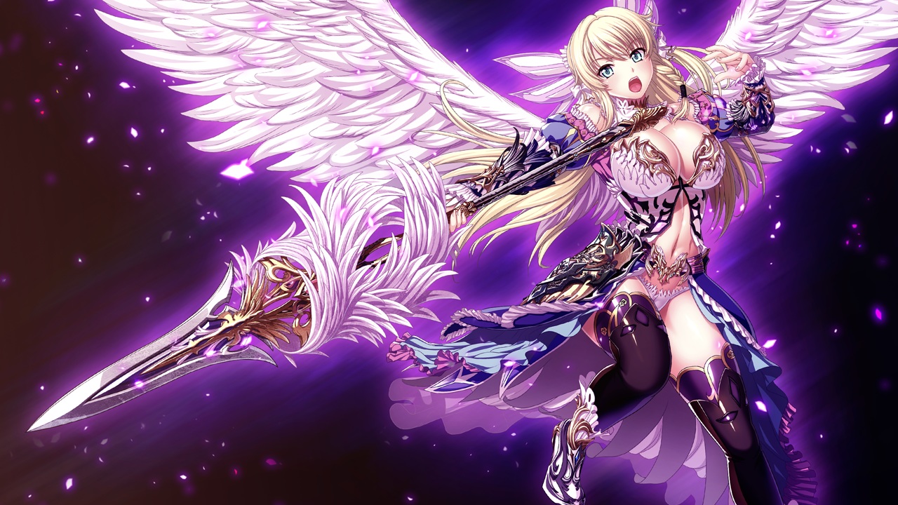 angel, blonde_hair, cecily_elarado, eden's_ritter_-_inetsu_no_seima_kishi_lucifer_hen, game_cg, green_eyes, long_hair, q-gaku, sword, waffle, weapon, wings