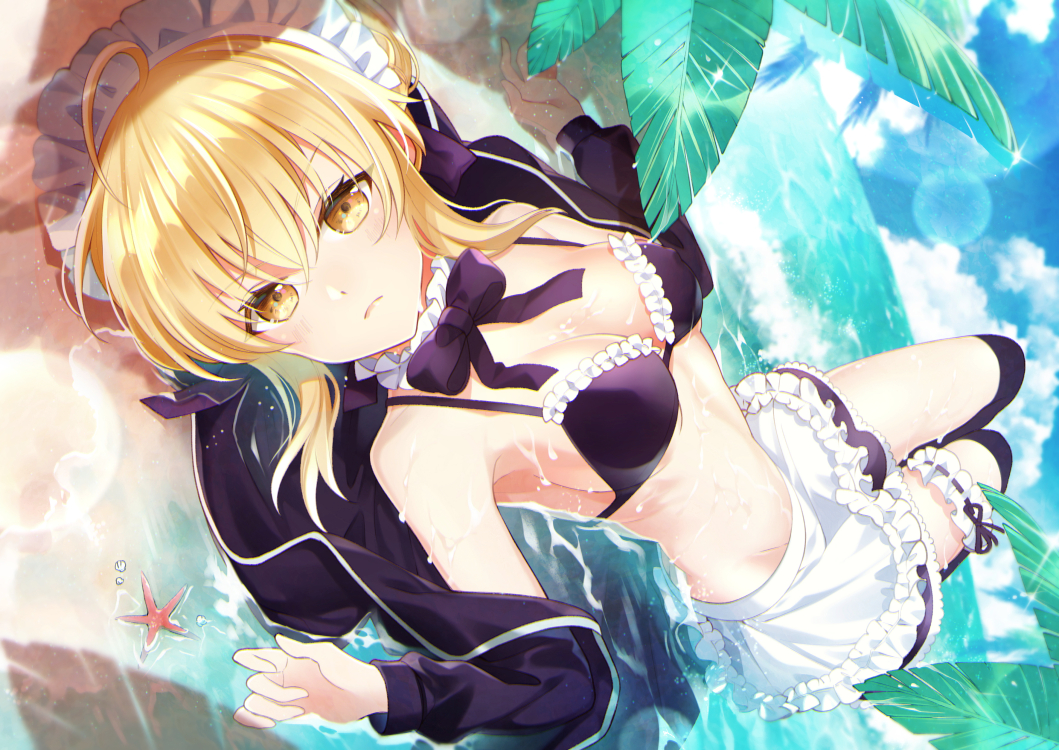 artoria_pendragon_(all), bikini, blonde_hair, blush, bow, breasts, clouds, fate/grand_order