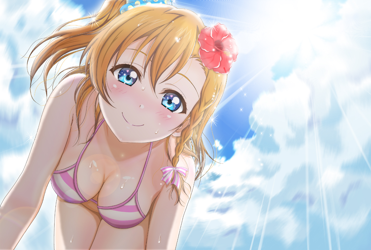 aqua_eyes, bikini, blush, braids, breasts, brown_hair, clouds, flowers, h.i.t_(59-18-45), kousaka_honoka, love_live!_school_idol_project, short_hair, sky, swimsuit