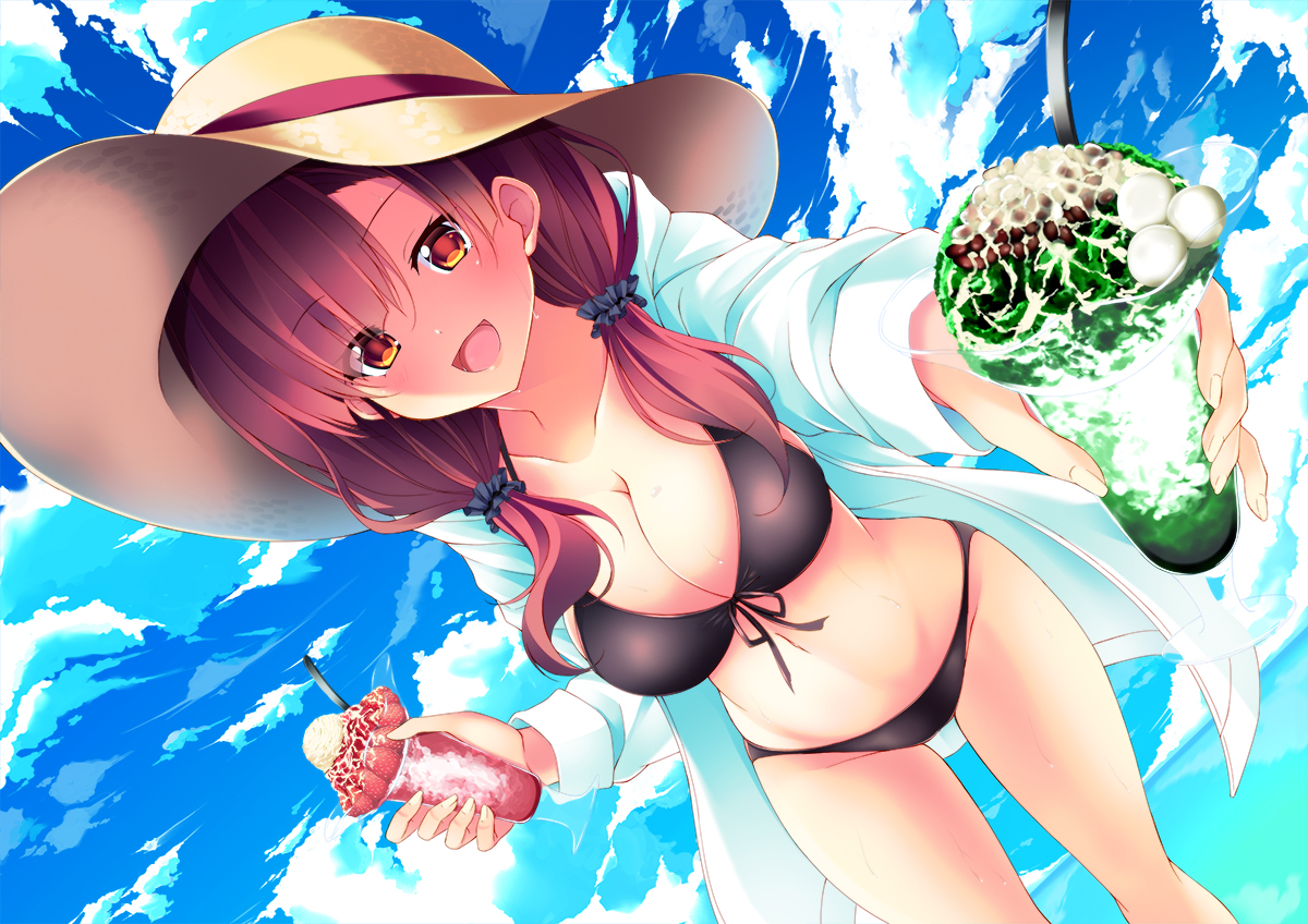 a_flow, bikini, breasts, cleavage, close, food, hat, original, swimsuit, water