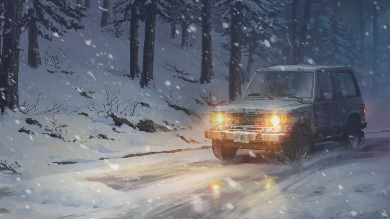 car, dao_dao, night, original, snow, tree, winter