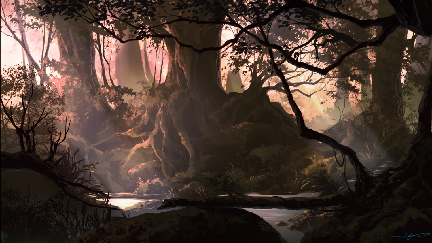 dao_dao, forest, no_humans, original, shade, signed, tree, water