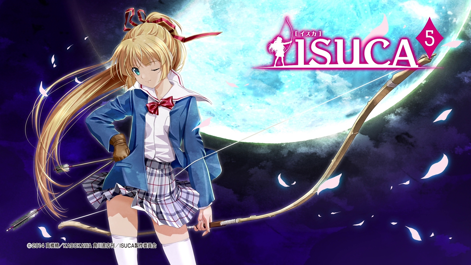 blonde_hair, bow, bow_(weapon), clouds, gloves, green_eyes, isuca, logo