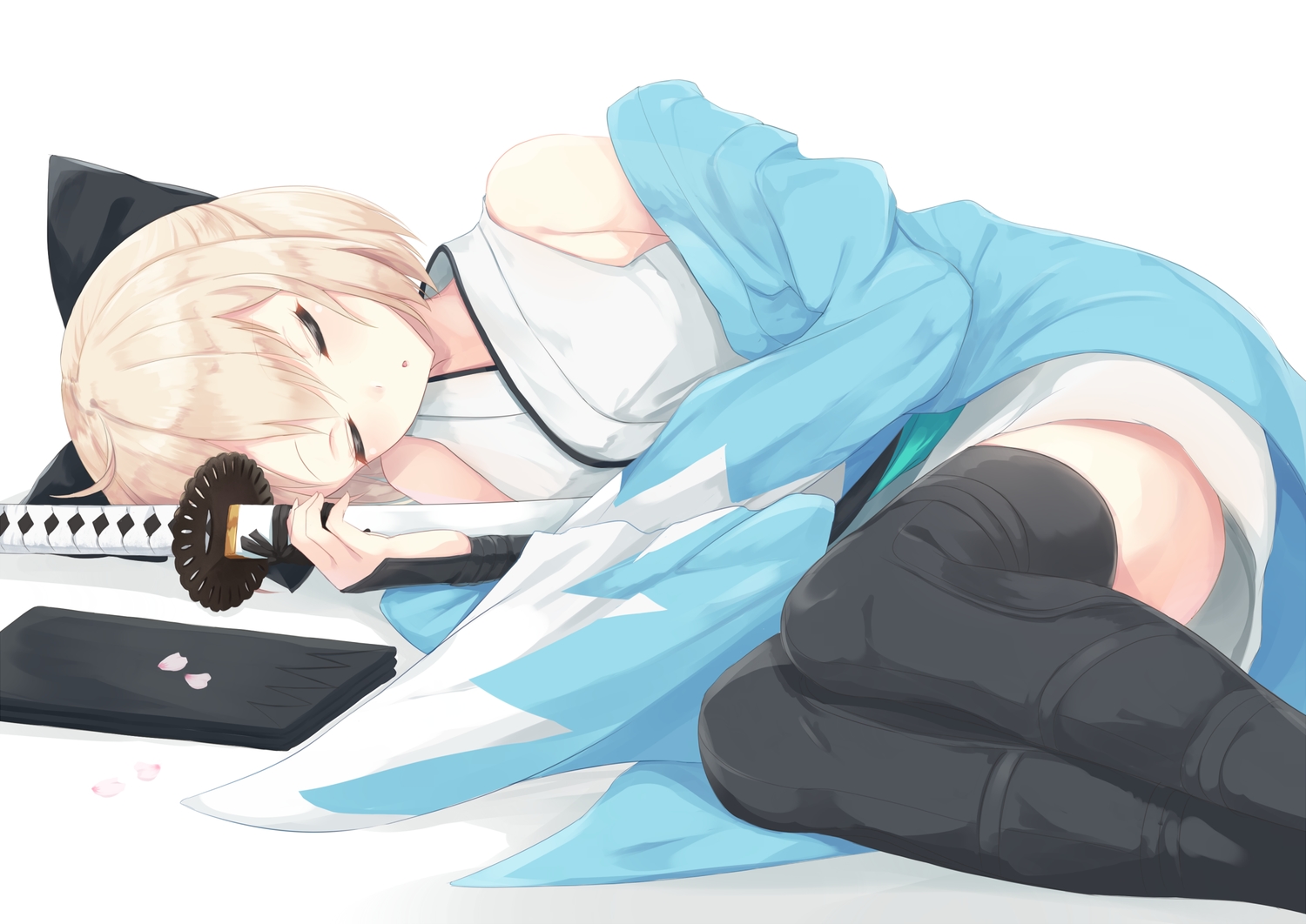 blonde_hair, bow, fate/grand_order, fate_(series), igayan, japanese_clothes, katana, okita_souji_(fate)