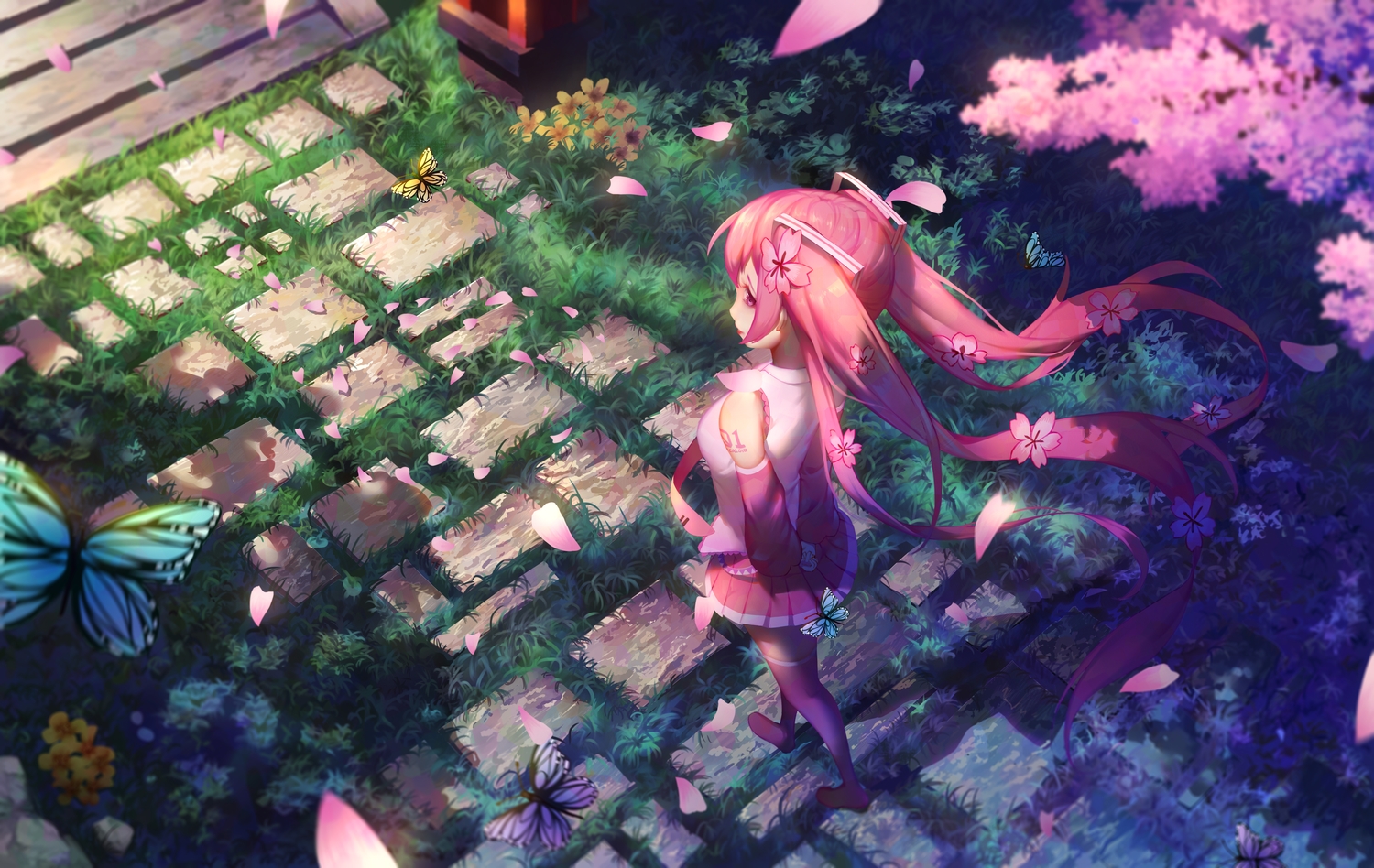 boots, butterfly, flowers, grass, hatsune_miku, long_hair, pekakiu, pink_eyes