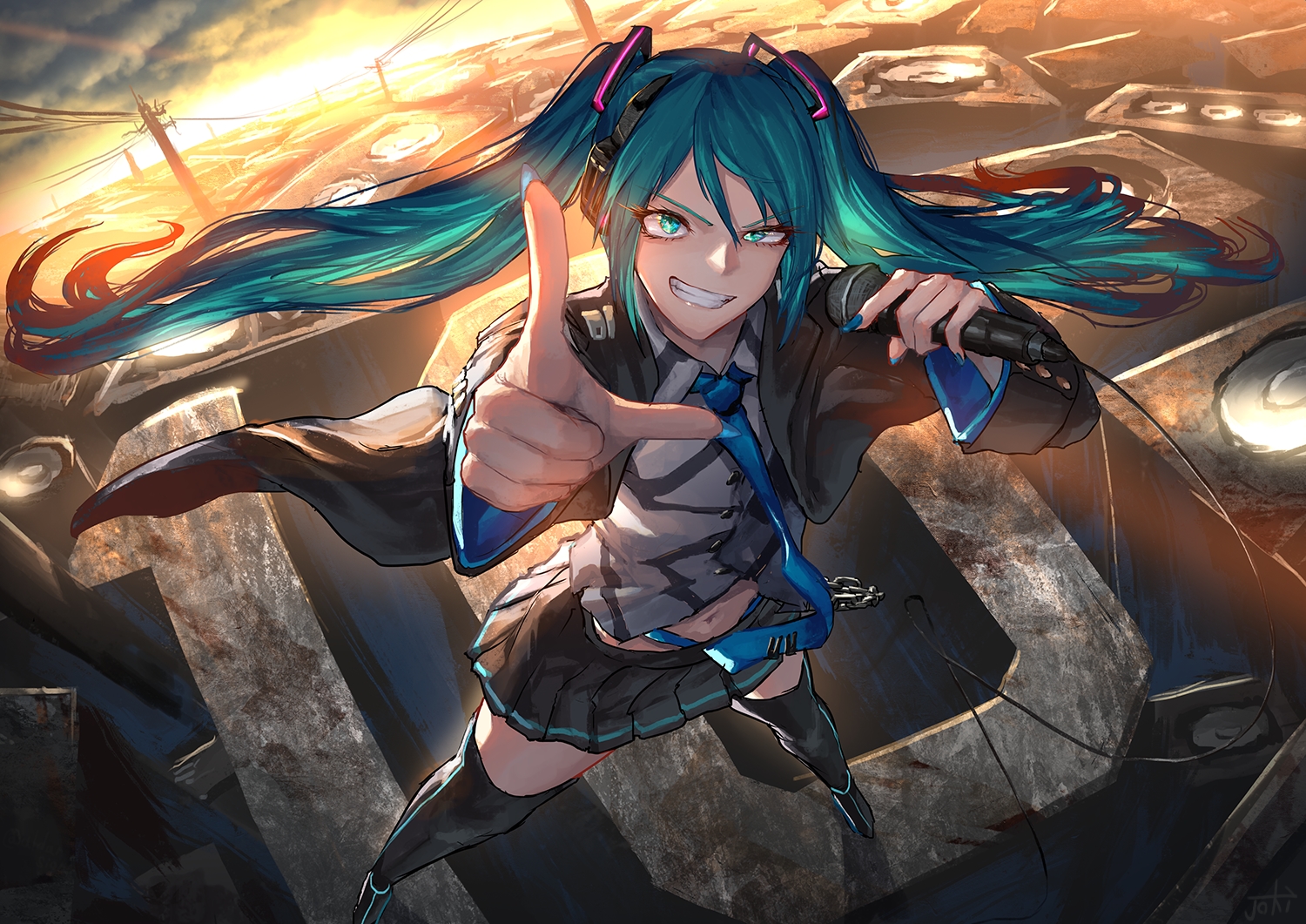 aqua_eyes, aqua_hair, boots, clouds, hatsune_miku, headphones, kanjou_jouki, long_hair, microphone, skirt, sky, sunset, thighhighs, tie, twintails, vocaloid, zettai_ryouiki