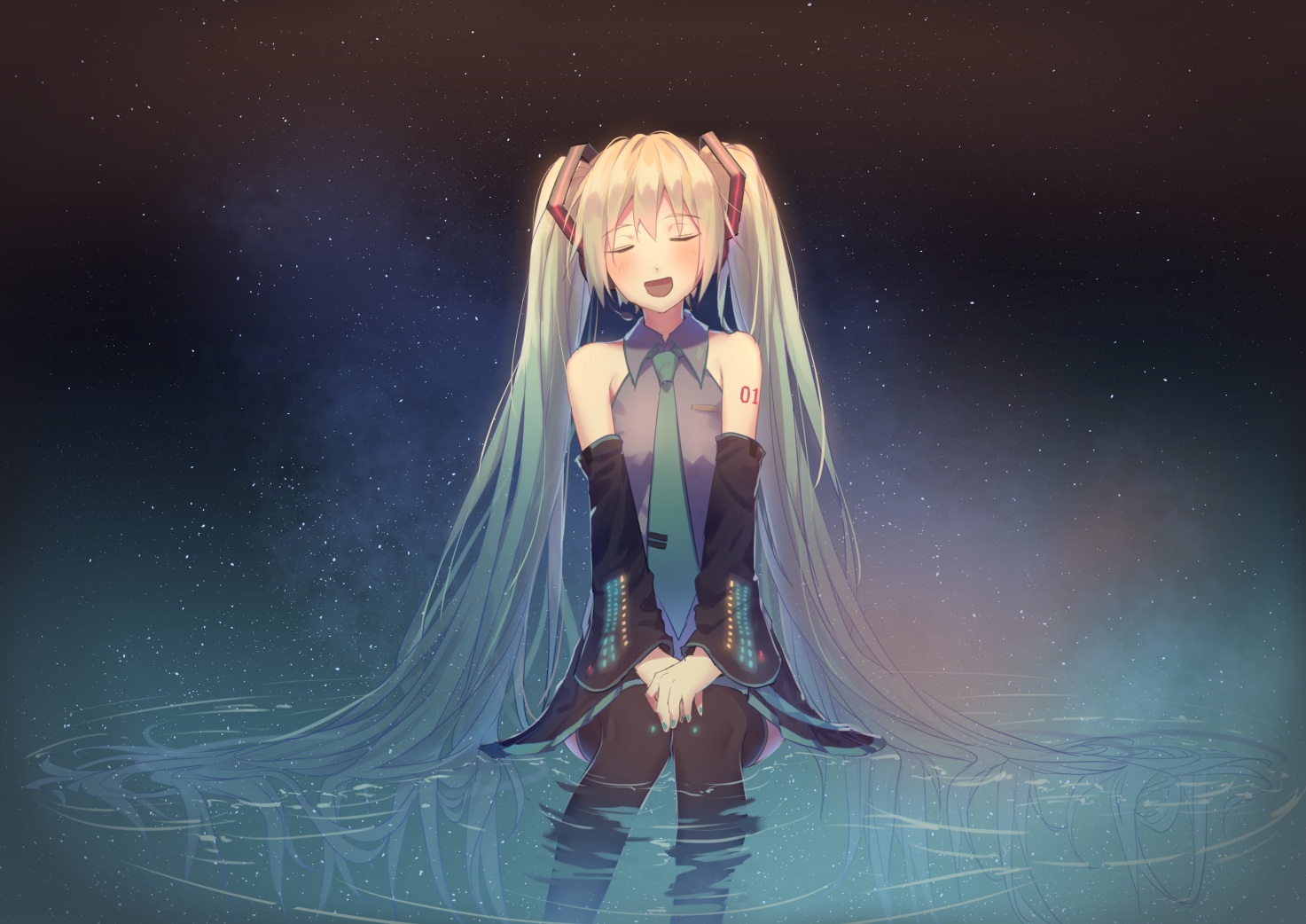 boots, hatsune_miku, headphones, katee, long_hair, skirt, space, stars