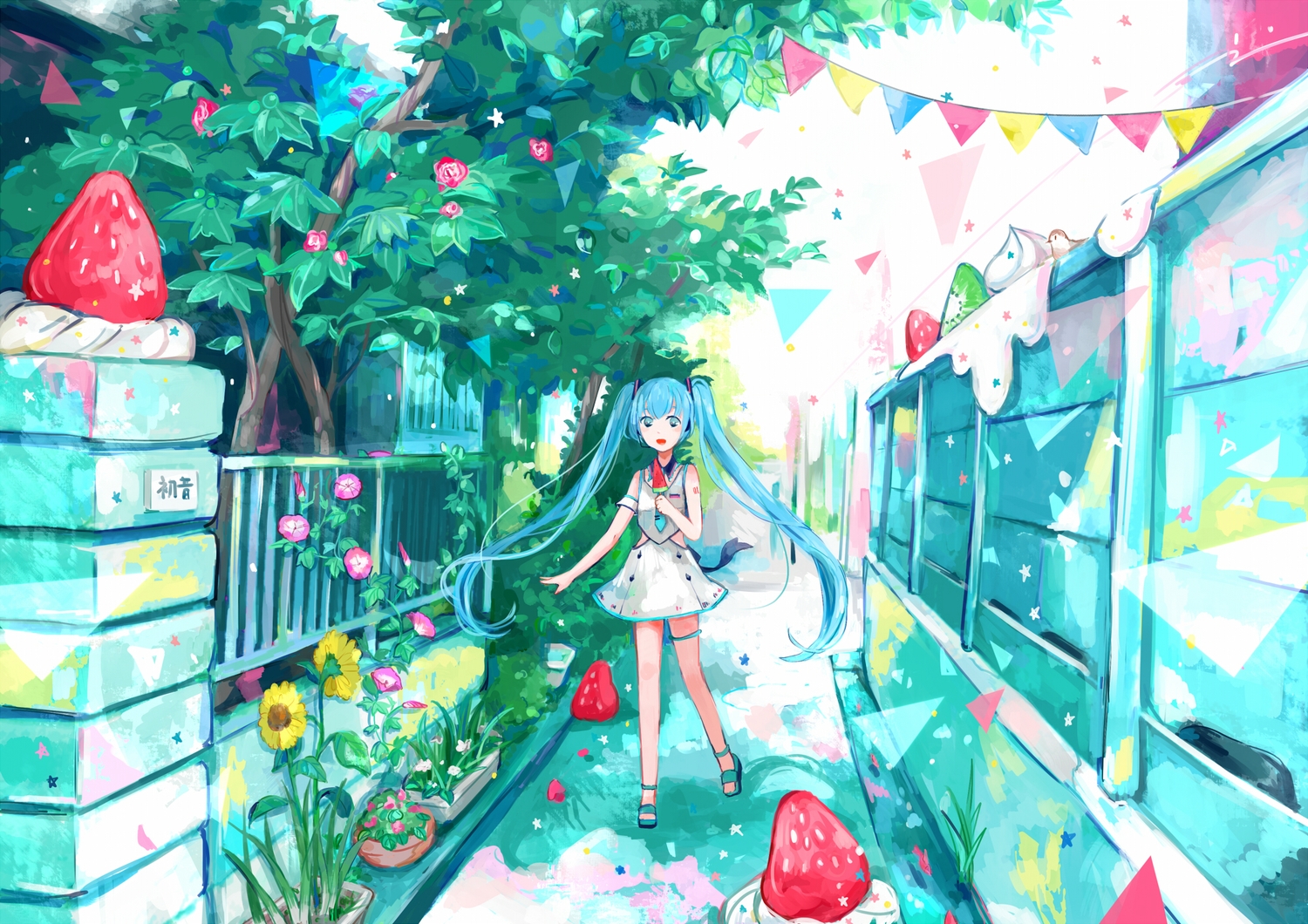aqua_hair, flowers, food, fruit, hatsune_miku, ice_cream, long_hair, skirt, strawberry, tie, twintails, vocaloid, yutukicom