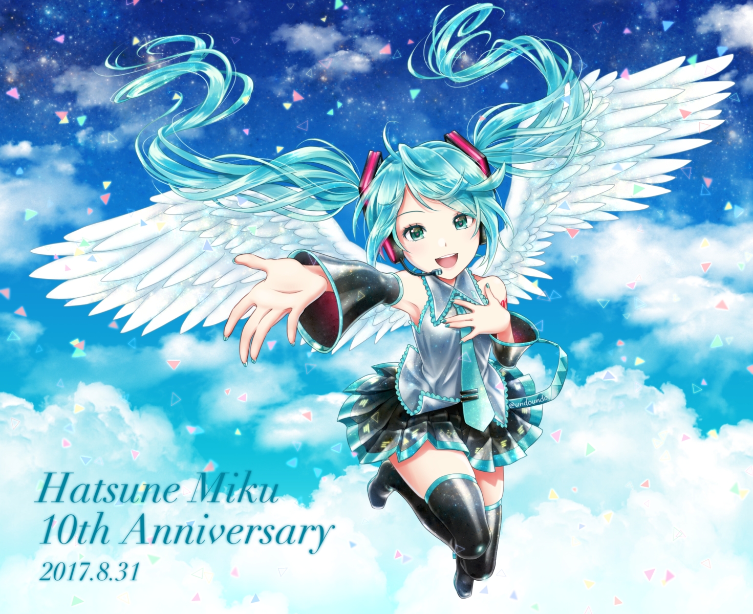 aqua_hair, asami_(undoundo), clouds, hatsune_miku, headphones, long_hair, microphone, skirt