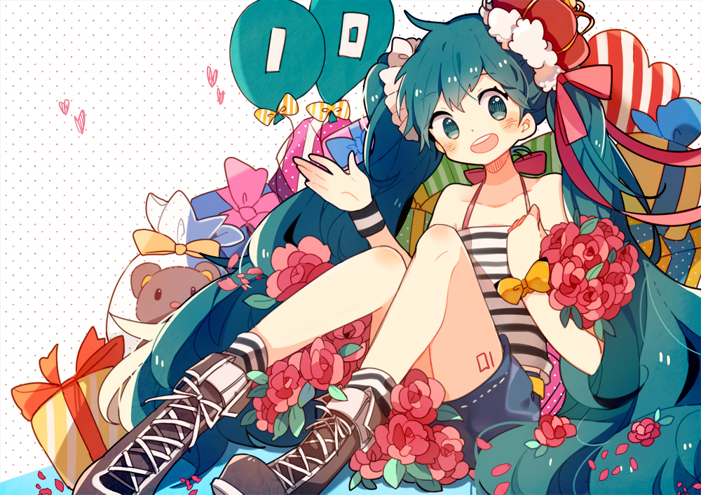 blush, boots, bow, crown, flowers, fuuko_(2679566944), hatsune_miku, long_hair