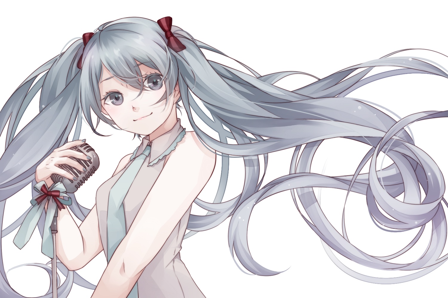bow, hatsune_miku, long_hair, microphone, sekii, tie, twintails, vocaloid