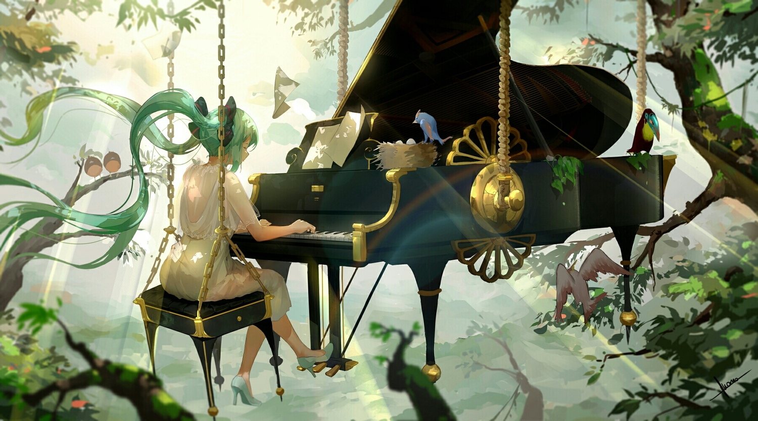 animal, bird, dress, green_hair, hatsune_miku, instrument, jpeg_artifacts, long_hair