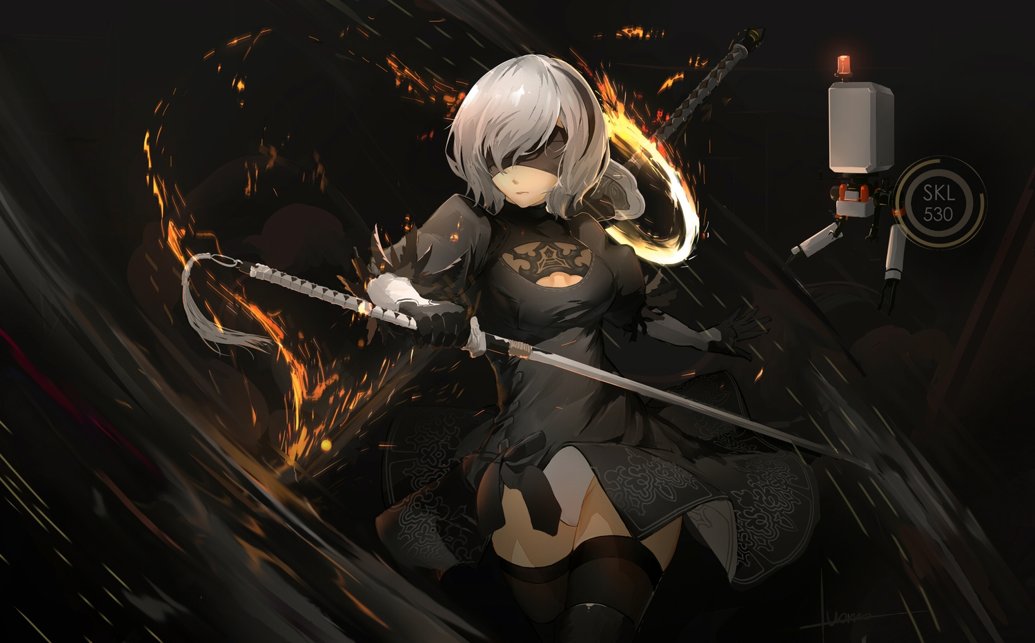 aliasing, blindfold, bodysuit, dark, dress, fire, gloves, gray_hair, headband, katana, luomo, nier, nier:_automata, pod_(nier:_automata), robot, short_hair, signed, sword, thighhighs, weapon, yorha_unit_no._2_type_b